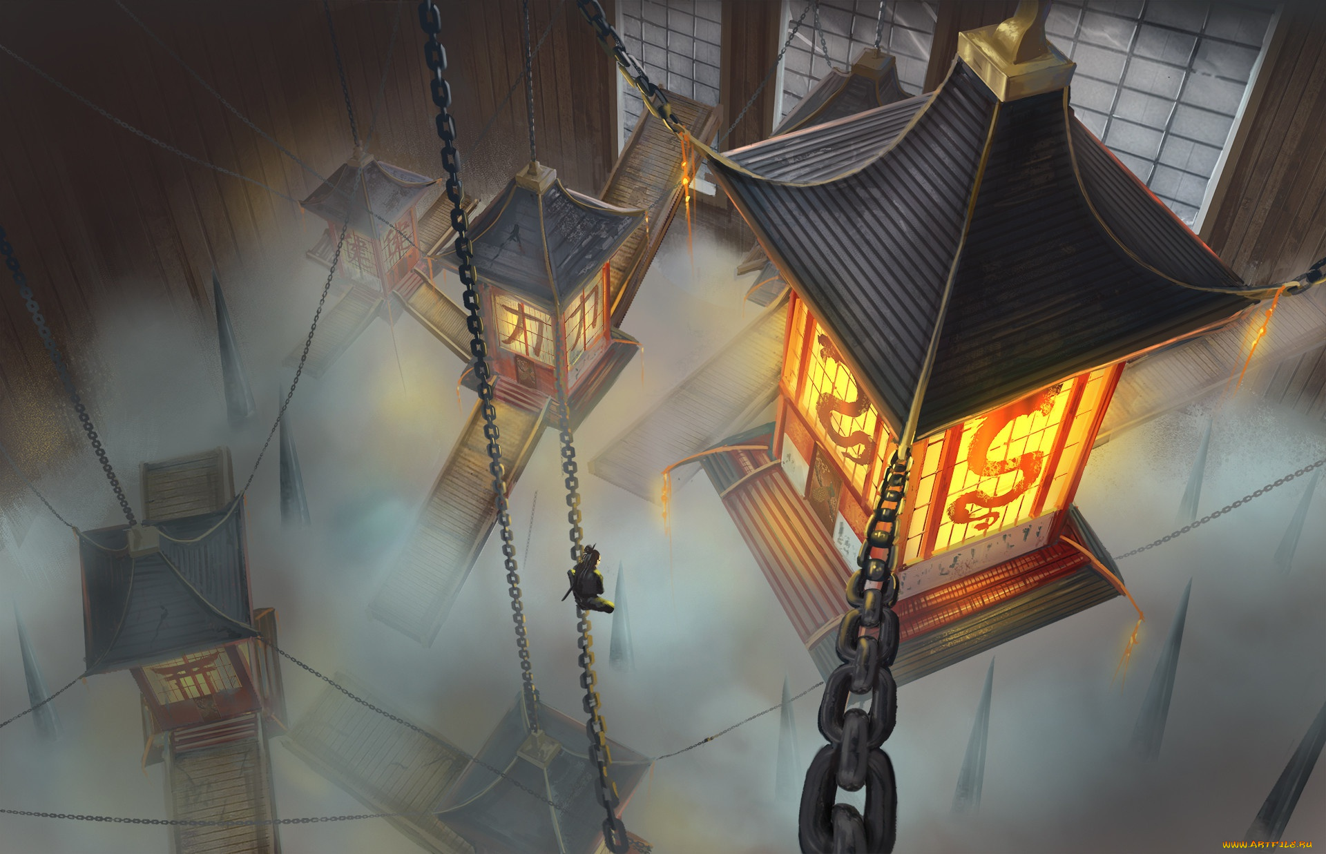 фэнтези, иные, миры, , иные, времена, лампы, цепи, japan, фонари, Япония, дым, рисунок
