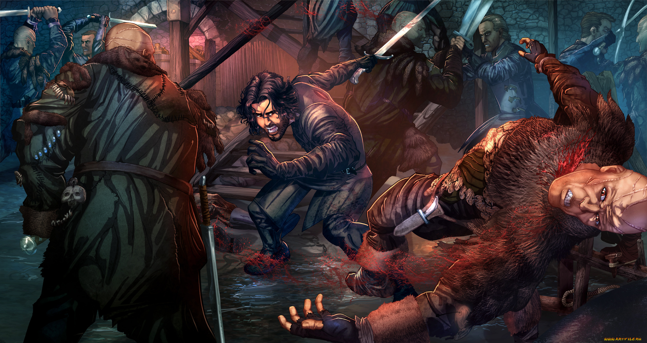 рисованное, кино, фон, мужчины, бой