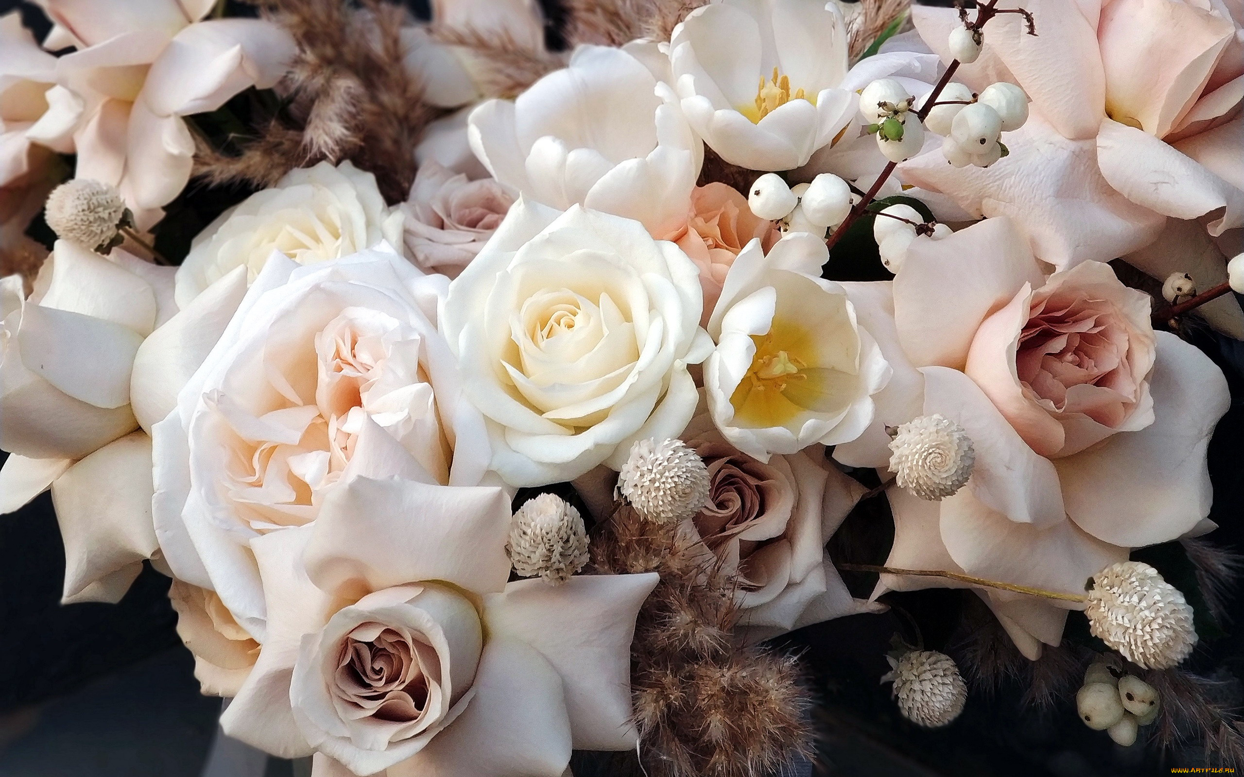 цветы, разные, вместе, тюльпаны, розы