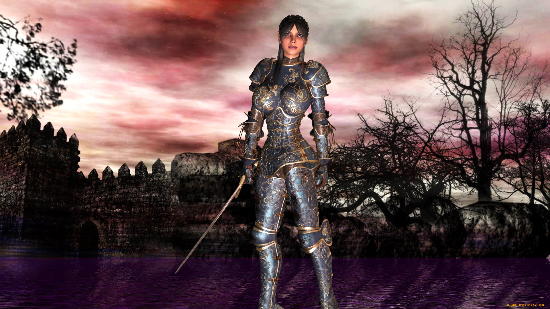 3д, графика, амазонки, , amazon, девушка, фон, взгляд, латы, меч