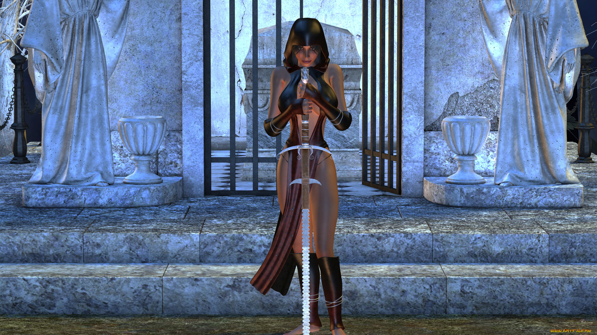 3д, графика, фантазия, , fantasy, девушка, фон, меч