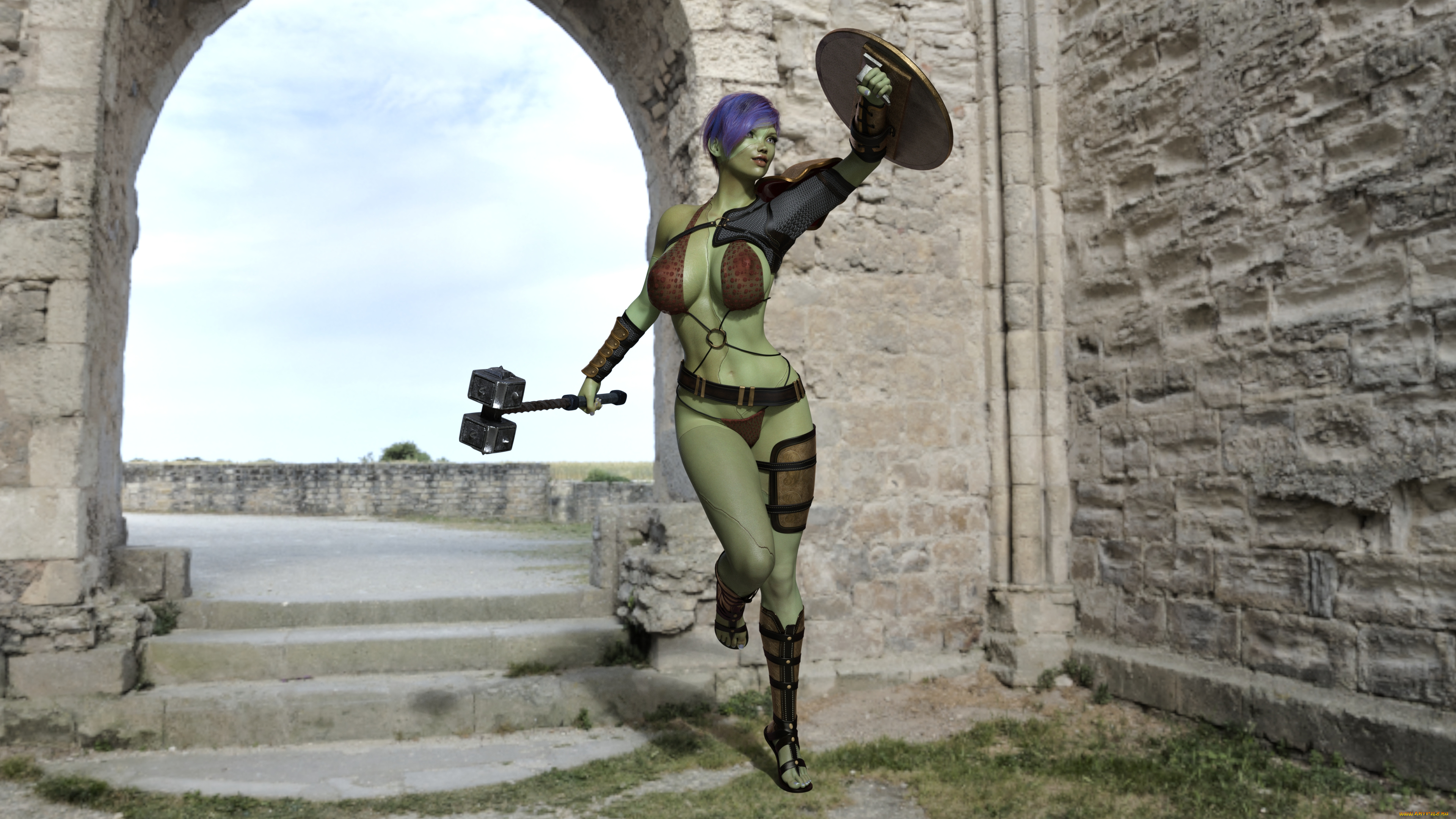 3д, графика, фантазия, , fantasy, девушка, фон, купальник, щит, молот