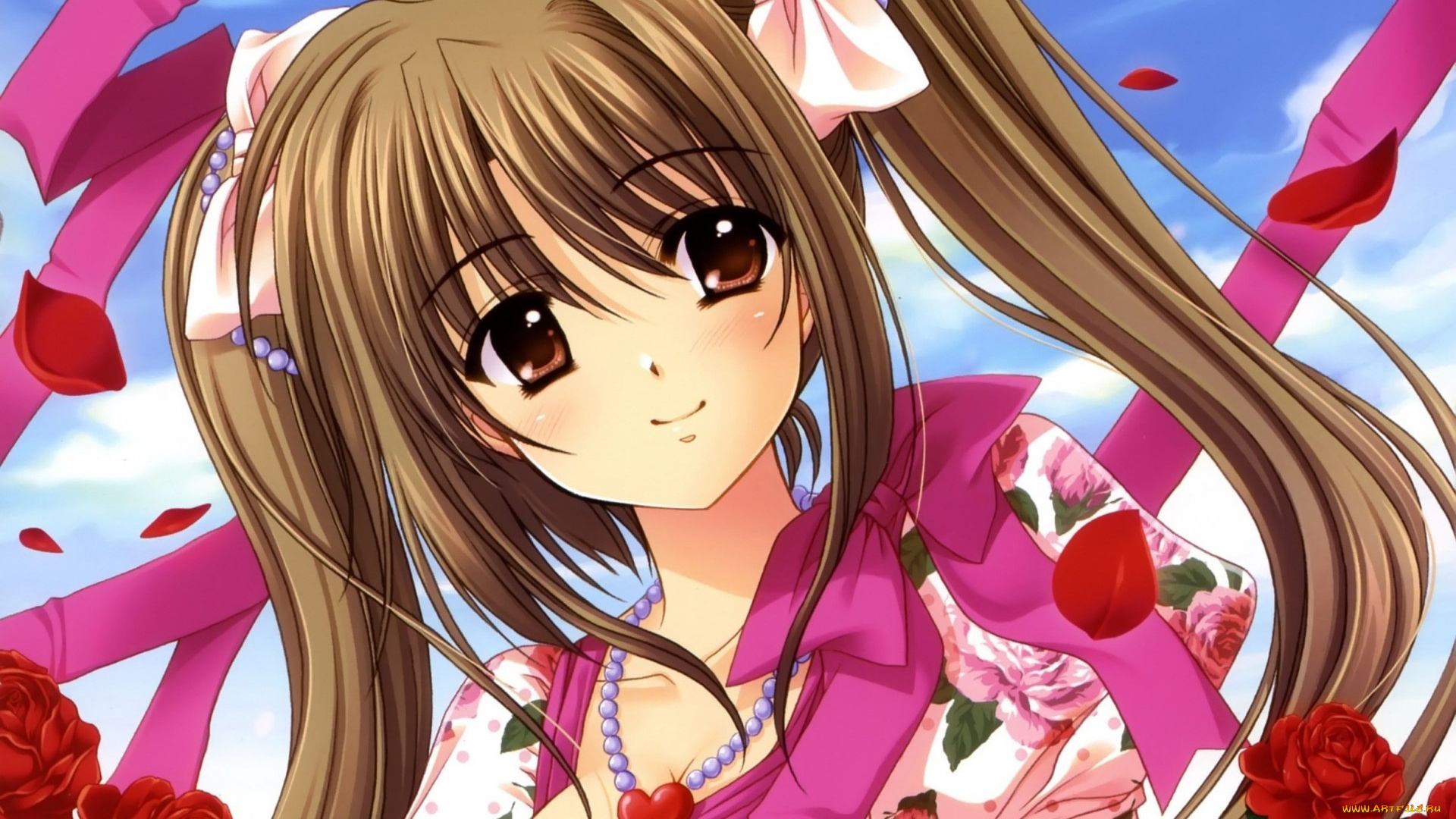 аниме, unknown, , другое, , девочка, лицо, ленты, цветы