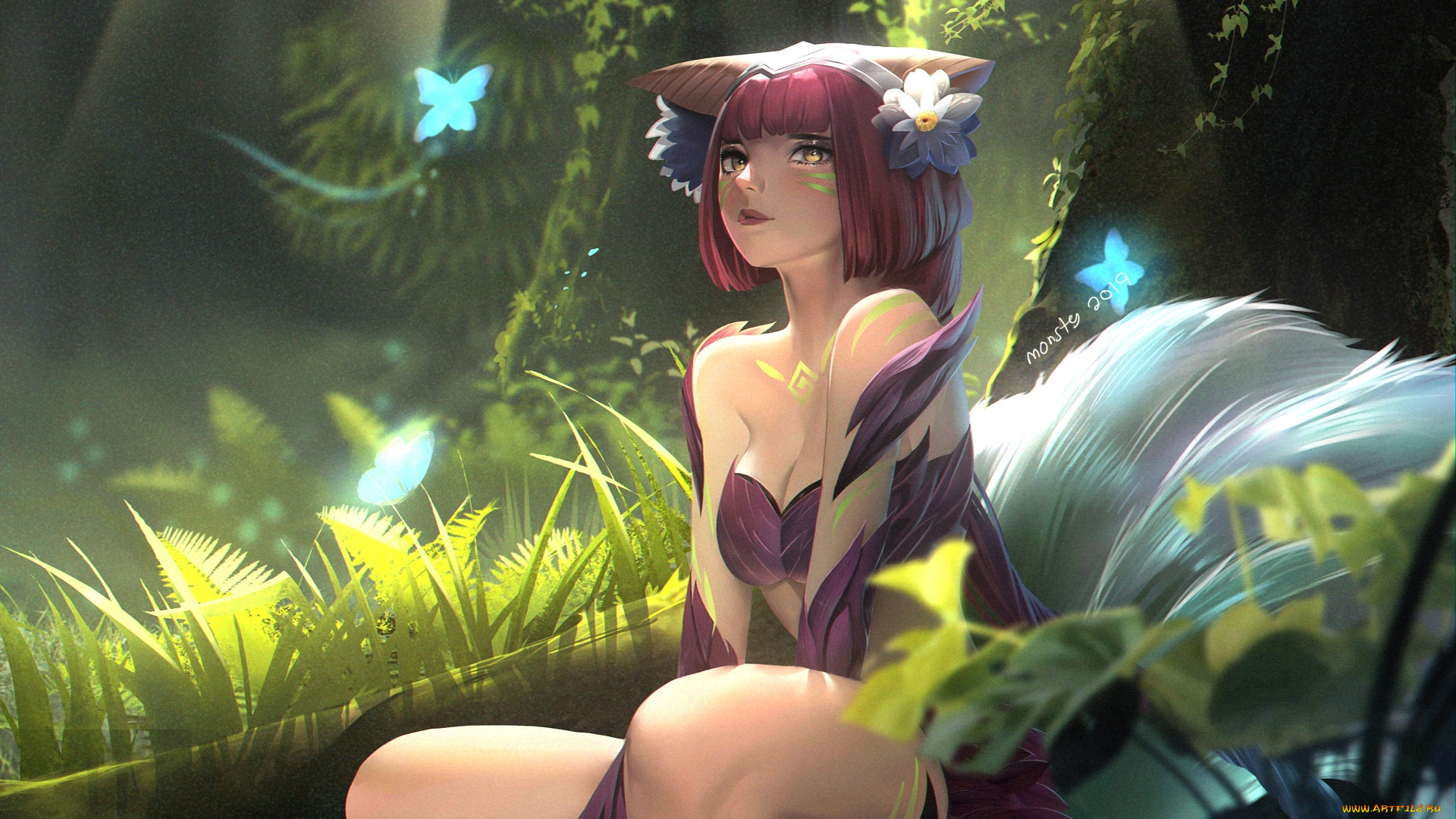 видео, игры, league, of, legends, ahri, хвосты, бабочка, природа