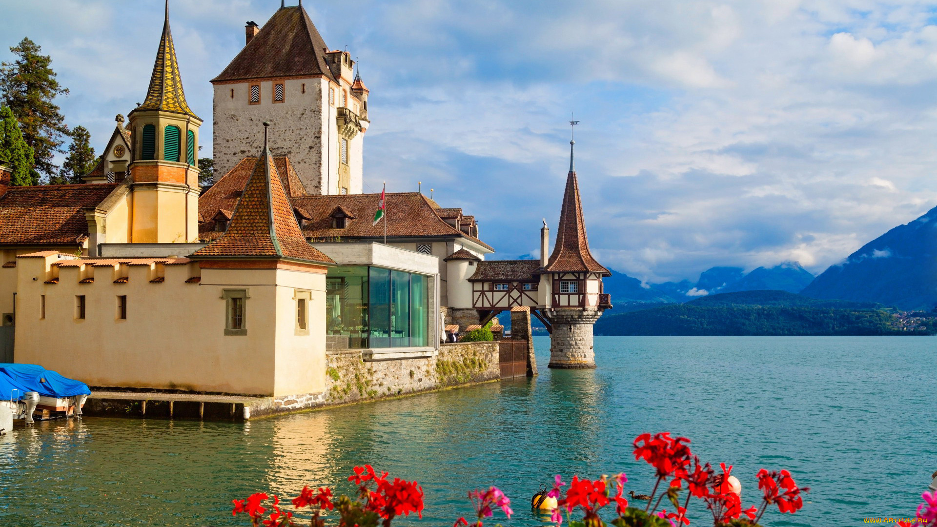 города, замок, оберхофен, , швейцария, oberhofen, castle, lake, thun, switzerland