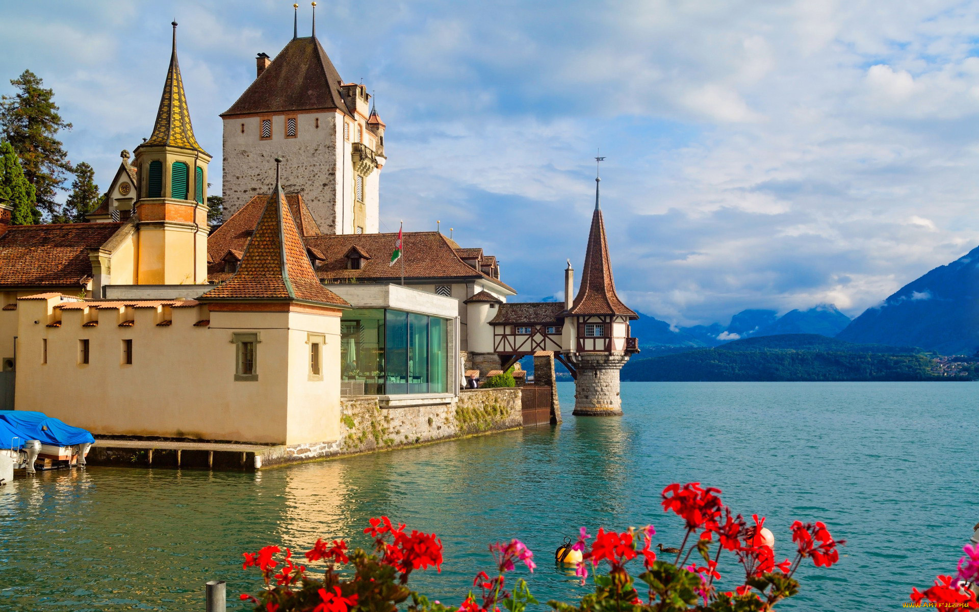 города, замок, оберхофен, , швейцария, oberhofen, castle, lake, thun, switzerland