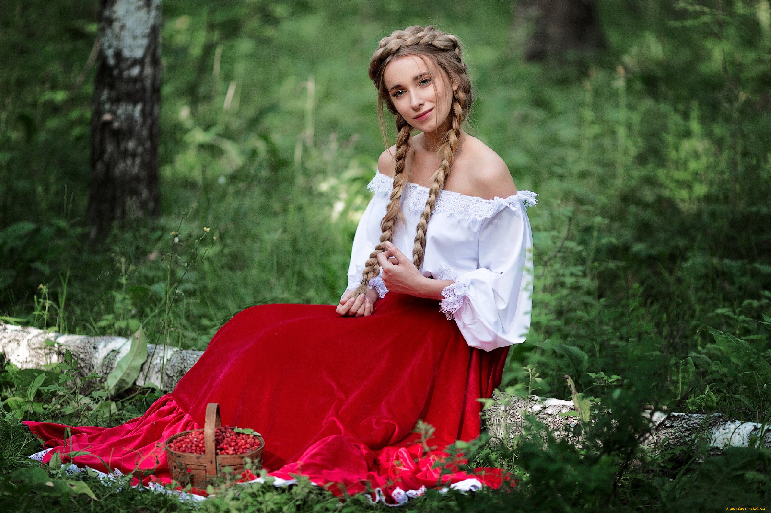 девушки, -, блондинки, , светловолосые, юбка, блуза, косы, корзинка, ягоды, ангелина, попова