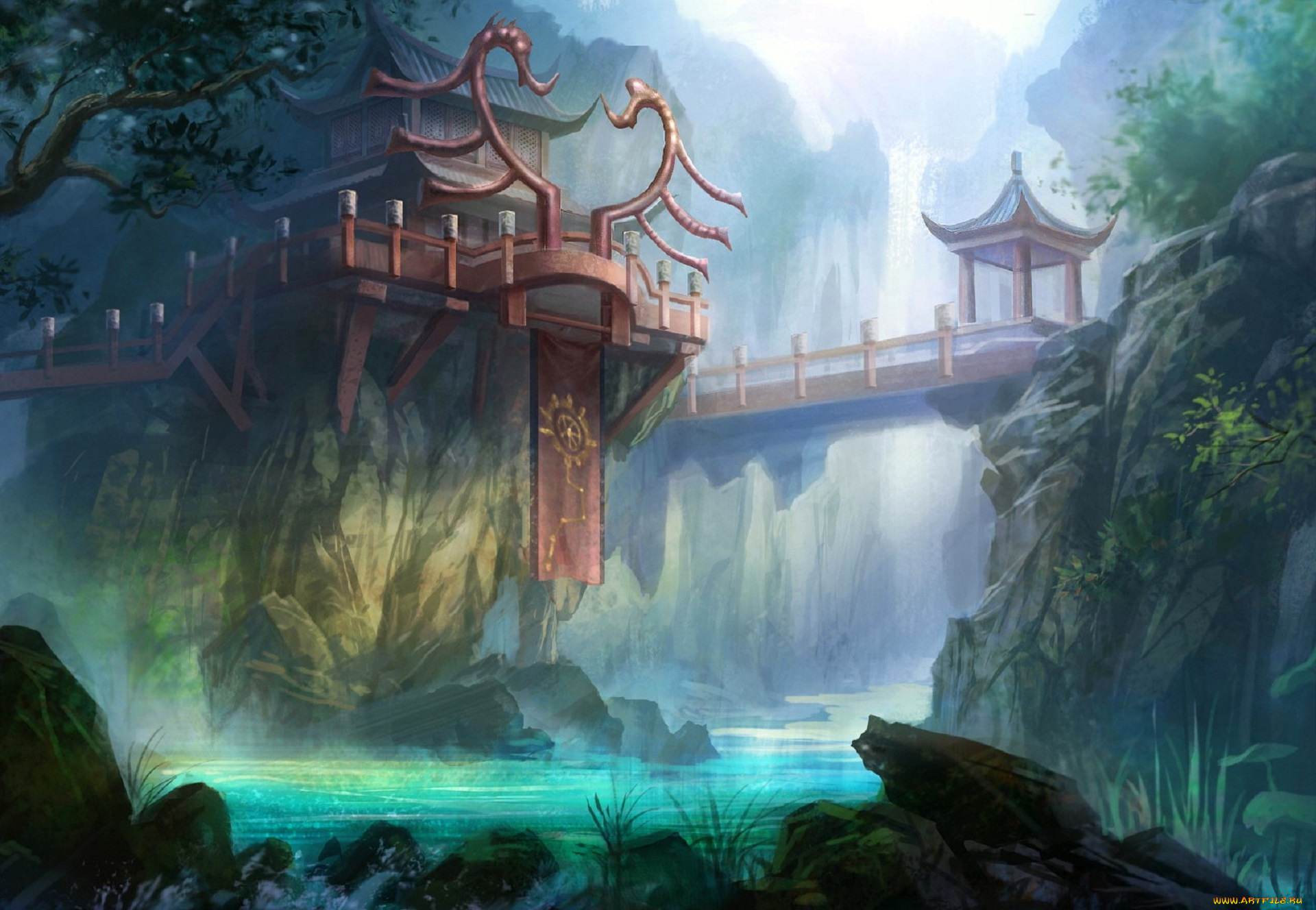 видео, игры, nine, communities, дворец, мост, скалы, река