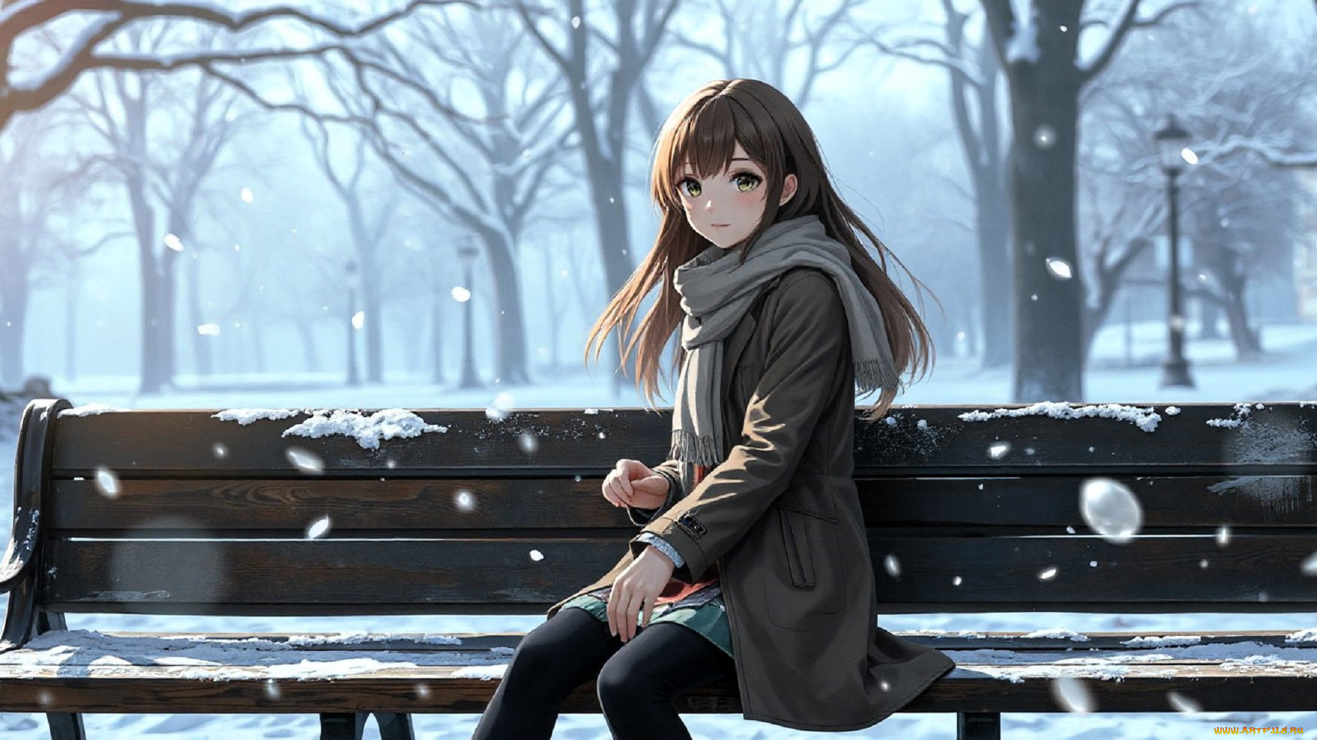 аниме, зима, , новый, год, , рождество, девушка, шарф, куртка, юбка, скамейка, парк, снег, деревья