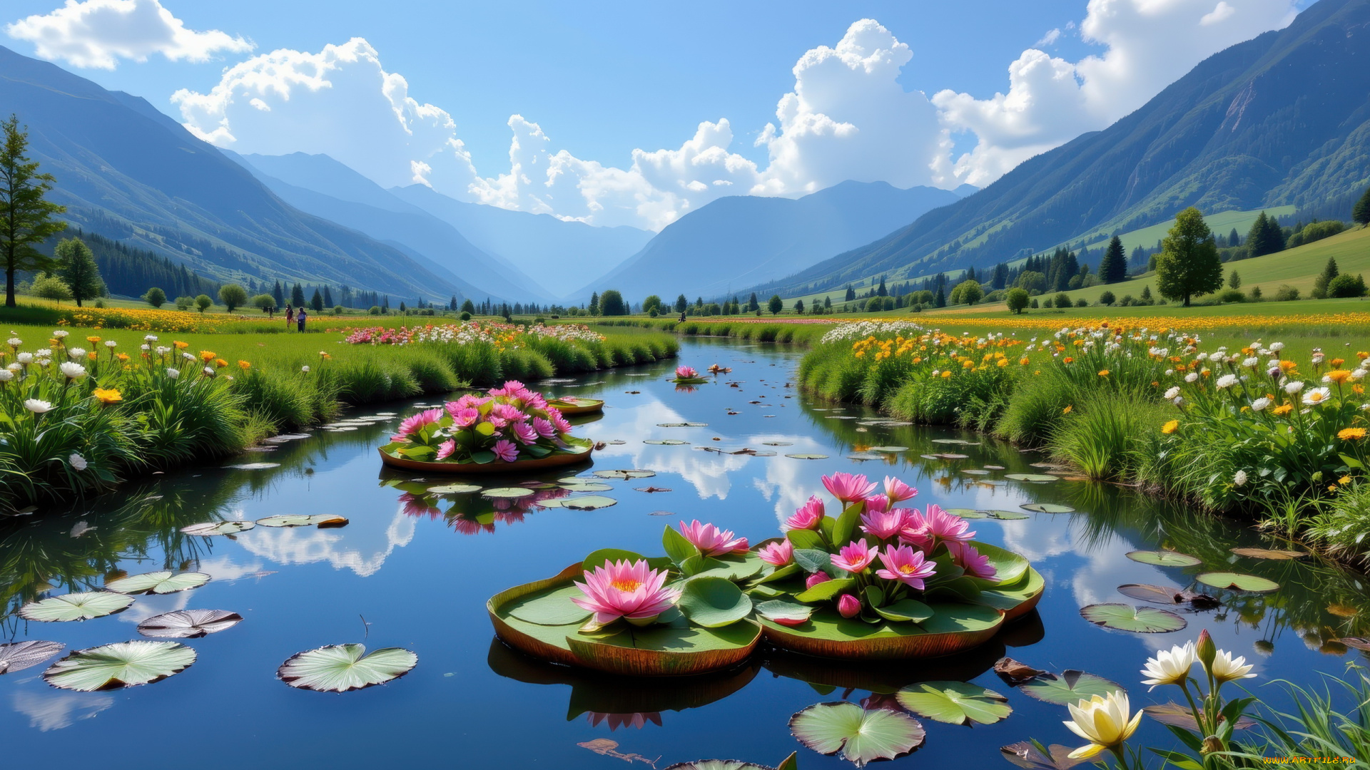 автор, wp, stl, разное, компьютерный, дизайн, горы, облака, река, отражение, лотосы