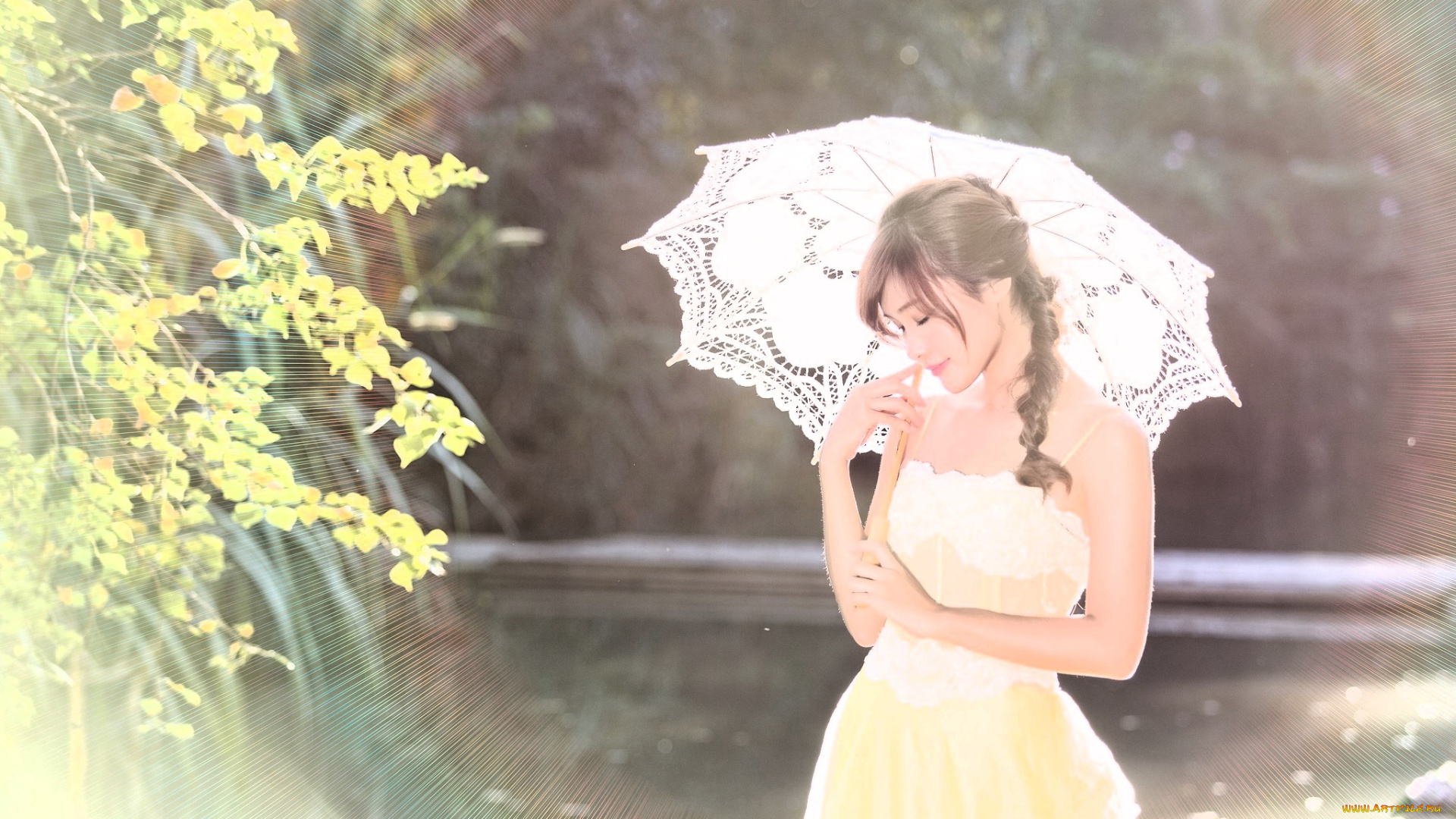 девушки, -, азиатки, шатенка, платье, зонт, деревья