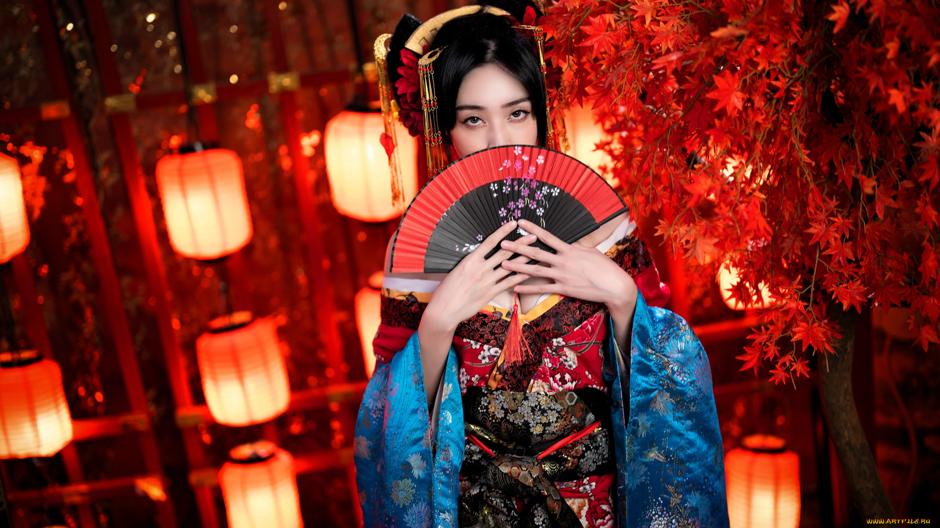 девушки, -, креатив, , косплей, азиатка, образ, косплей, наряд, костюм, кимоно, веер, дерево, фонари