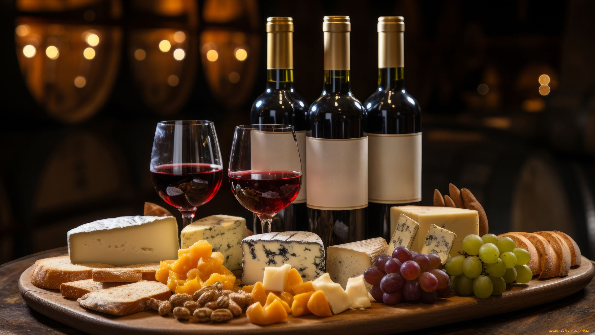 еда, разное, бутылки, бокалы, вино, сыр, ассорти, хлеб