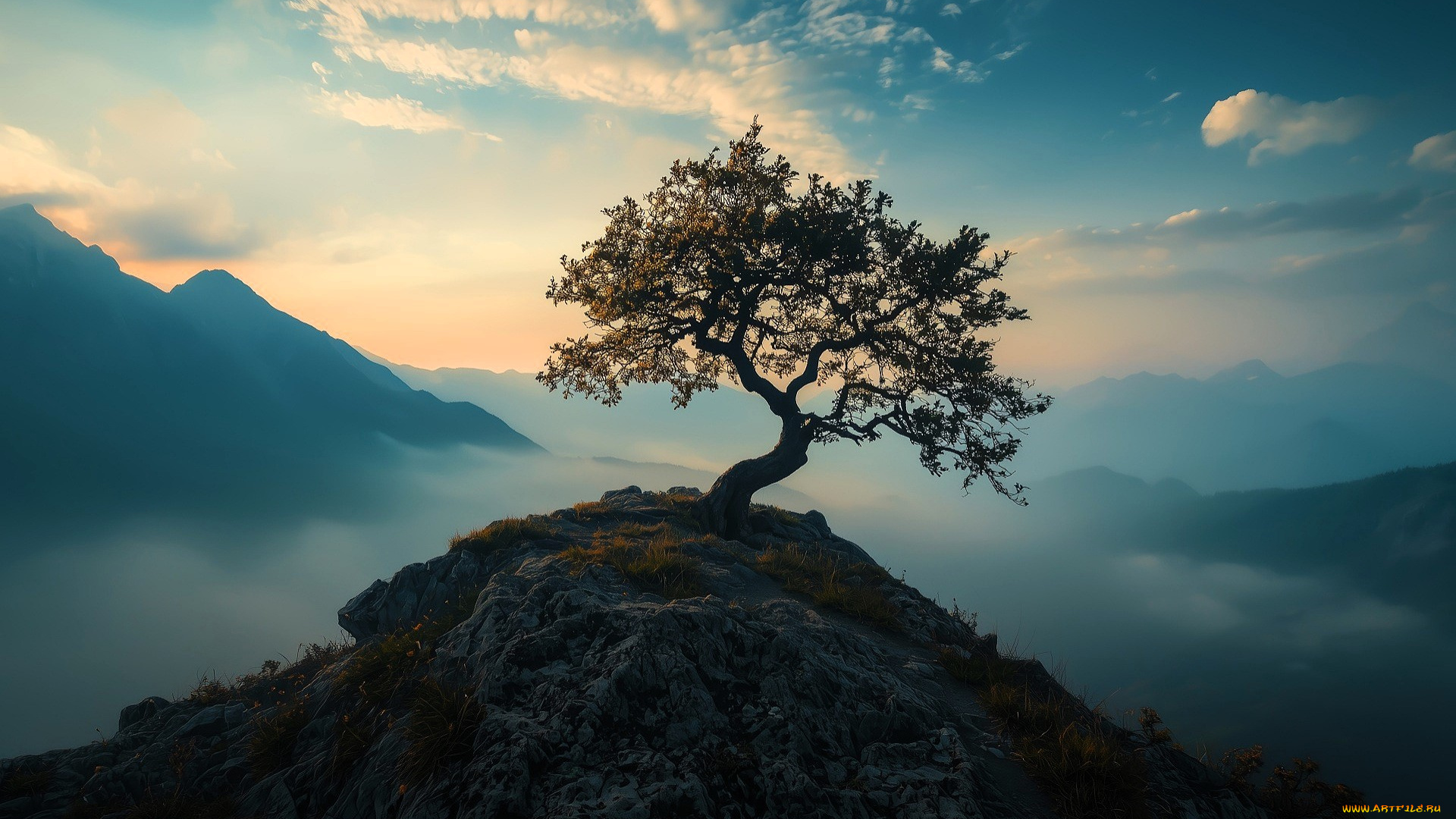 природа, горы, туман, дерево, облака