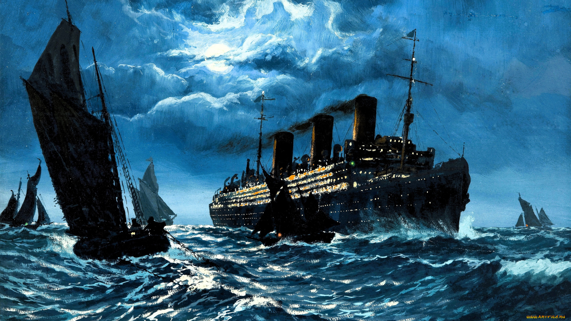 рисованное, adolf, bock, корабли, парусники, теплоход, море, тучи