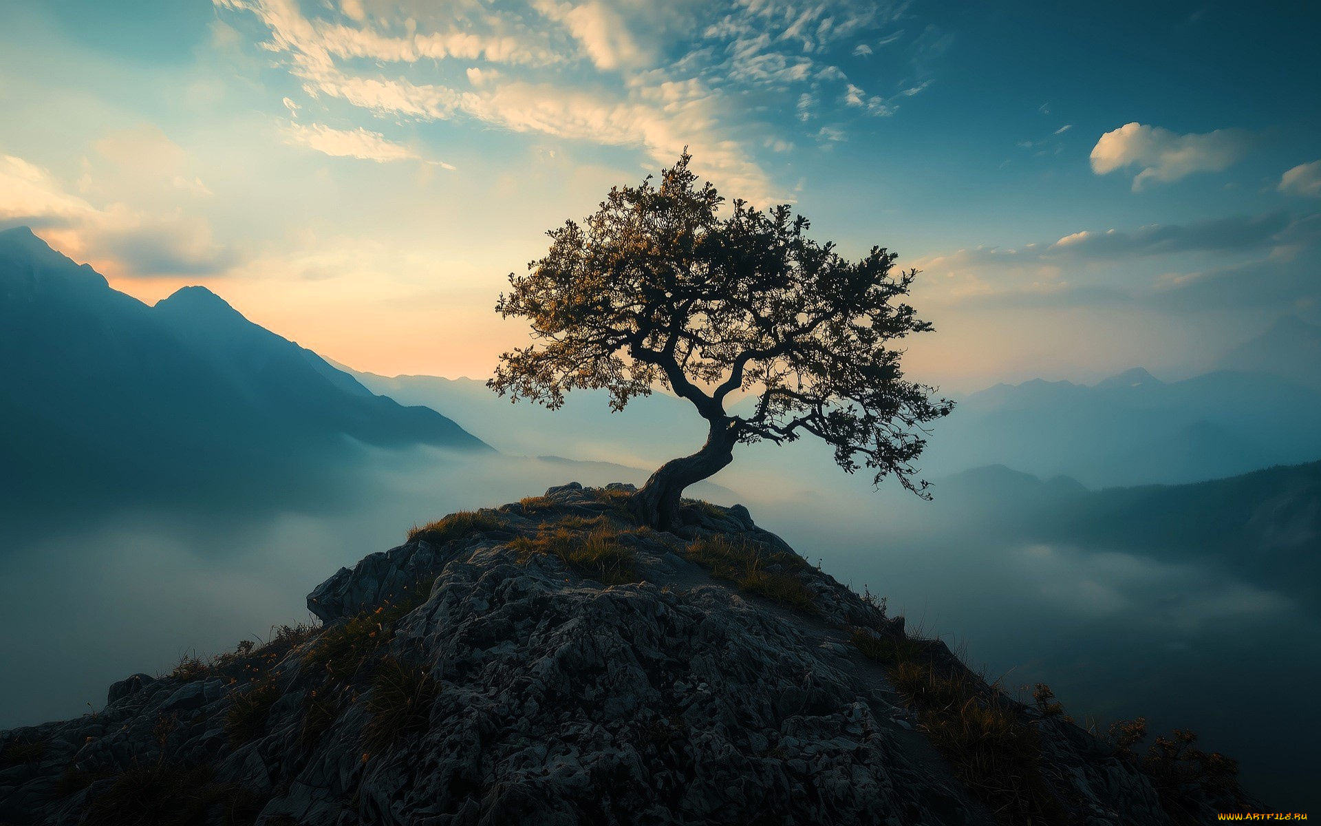 природа, горы, туман, дерево, облака
