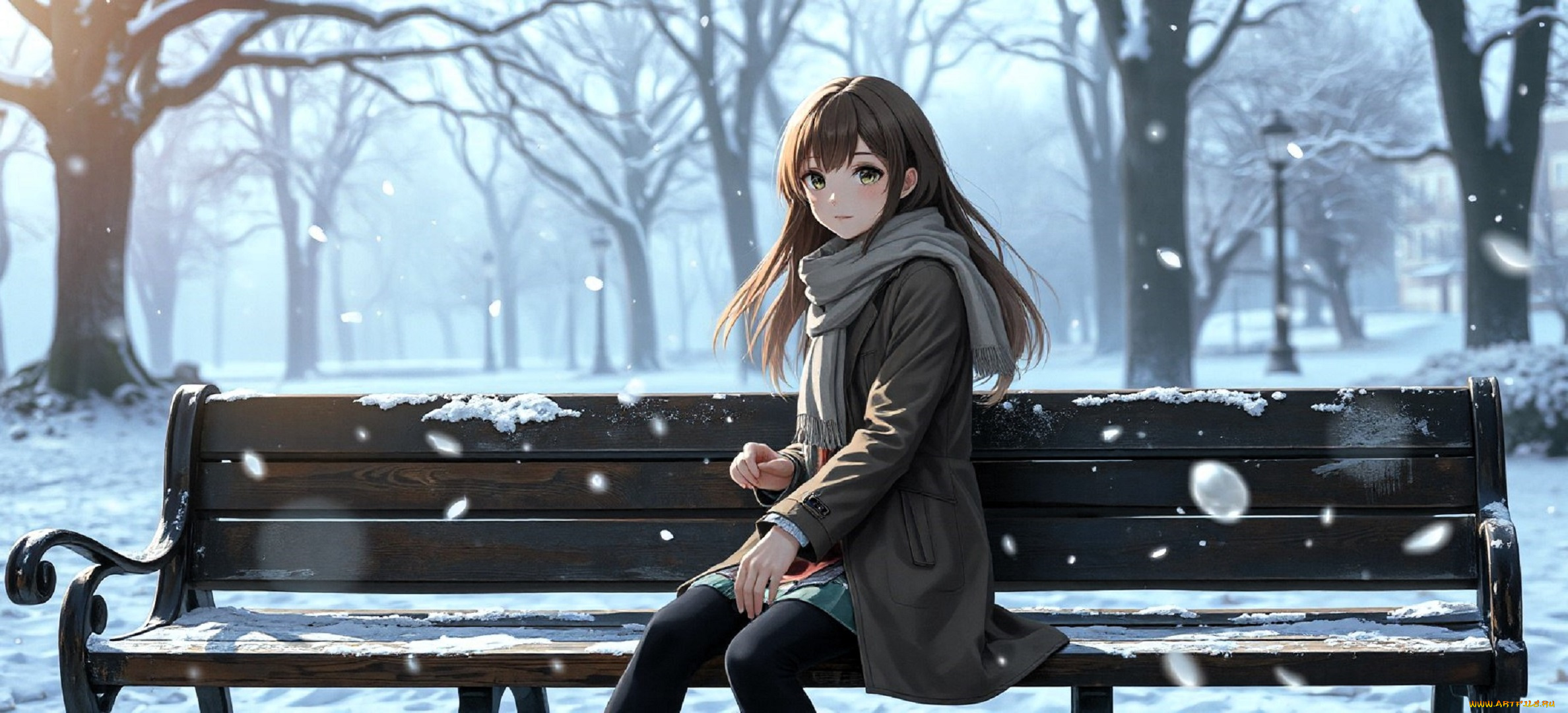 аниме, зима, , новый, год, , рождество, девушка, шарф, куртка, юбка, скамейка, парк, снег, деревья