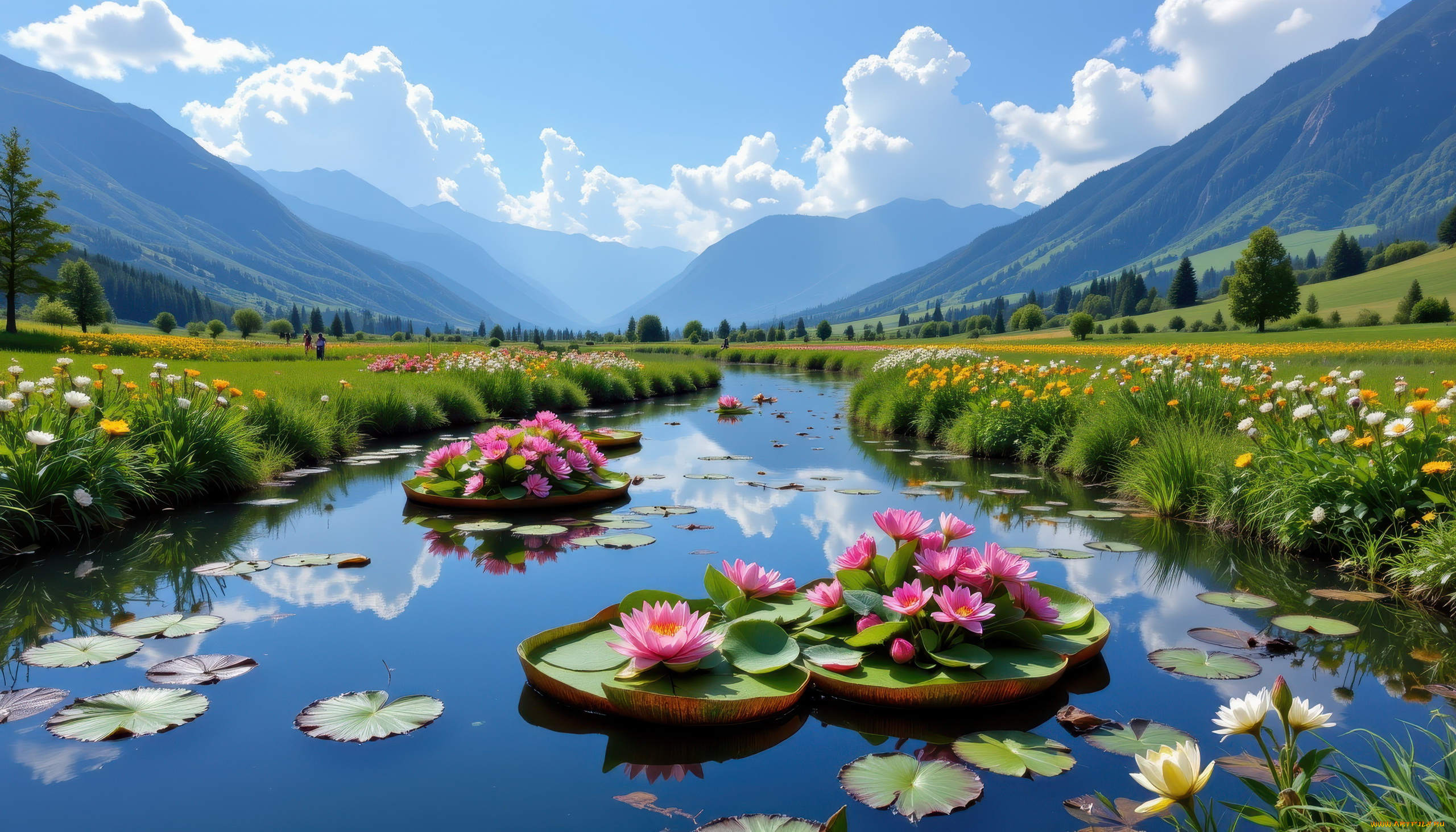 автор, wp, stl, разное, компьютерный, дизайн, горы, облака, река, отражение, лотосы