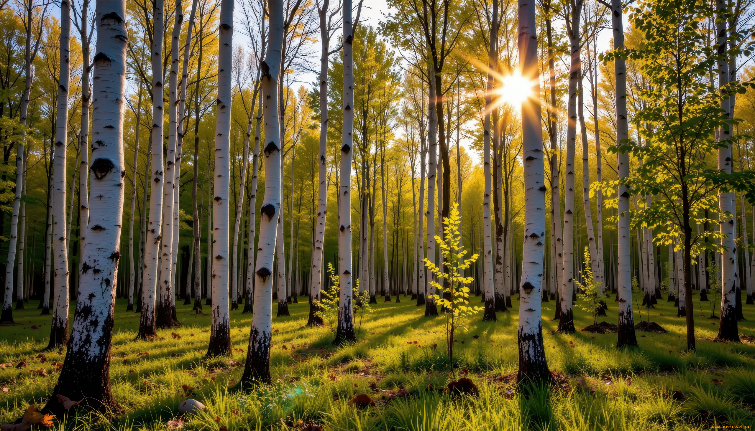 автор, wp, stl, рисованное, природа, березовая, роща, трава, солнце