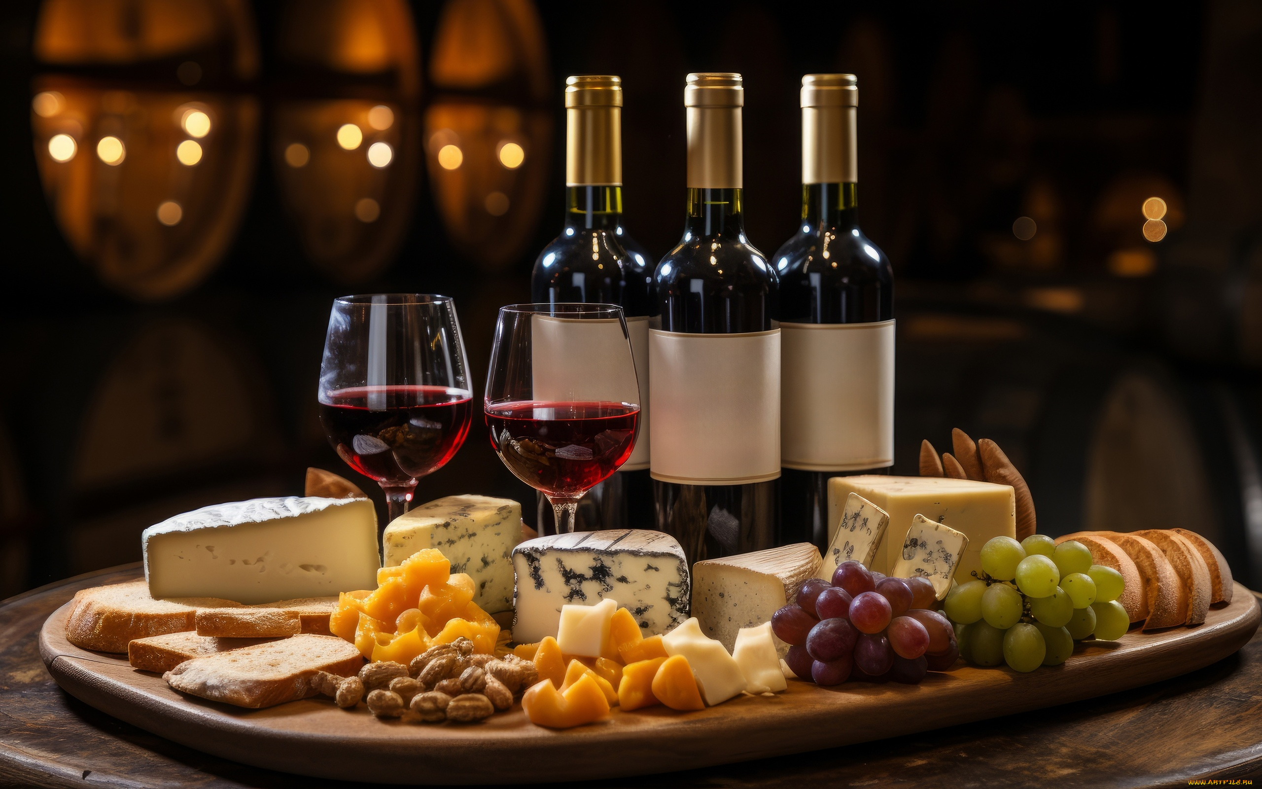 еда, разное, бутылки, бокалы, вино, сыр, ассорти, хлеб