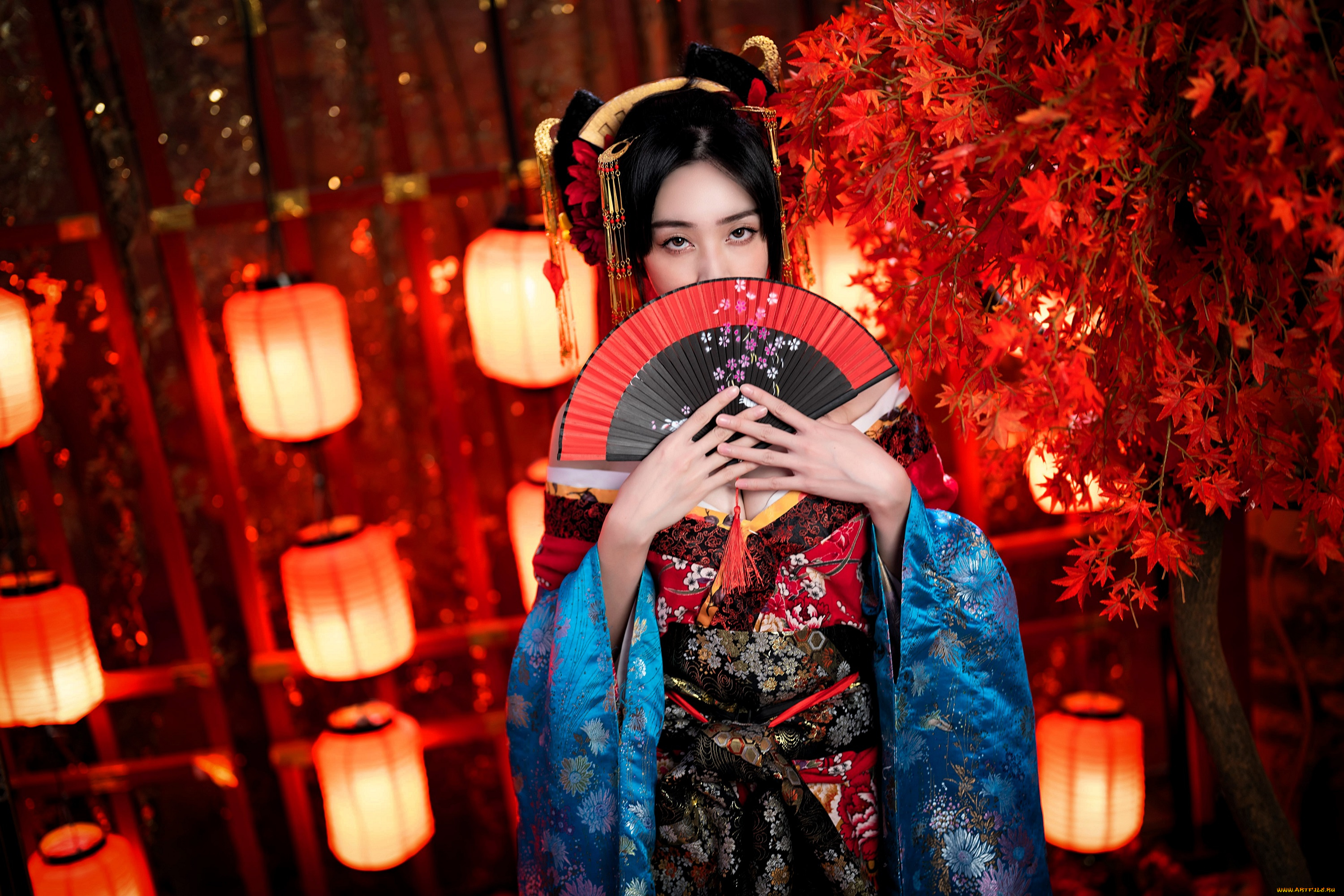 девушки, -, креатив, , косплей, азиатка, образ, косплей, наряд, костюм, кимоно, веер, дерево, фонари