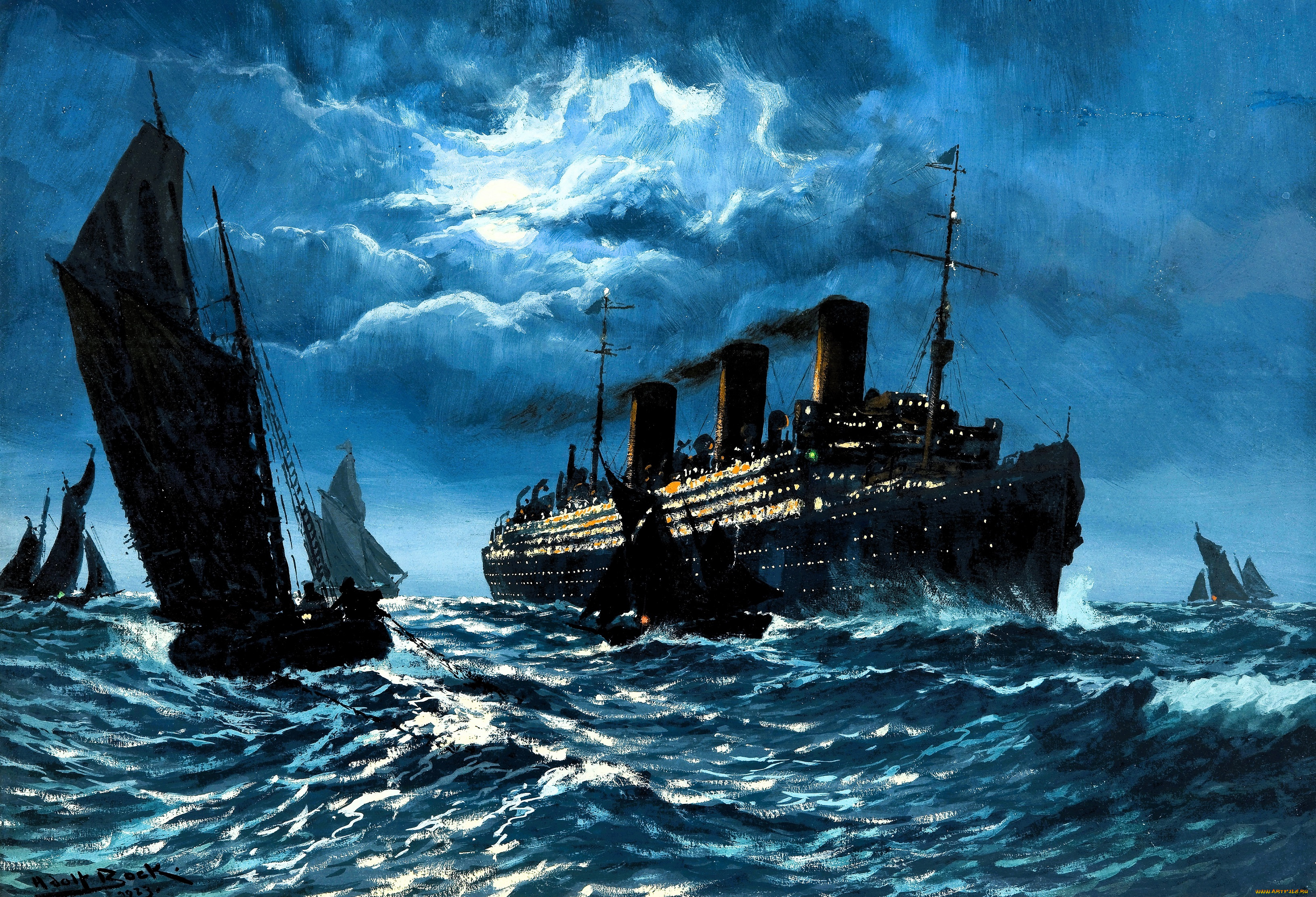 рисованное, adolf, bock, корабли, парусники, теплоход, море, тучи
