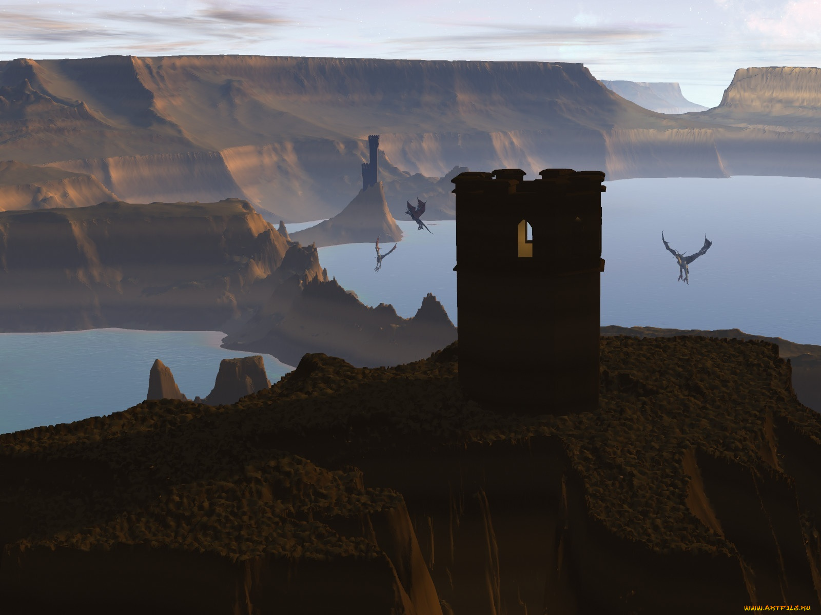3д, графика, nature, landscape, природа, башня, горы, вода