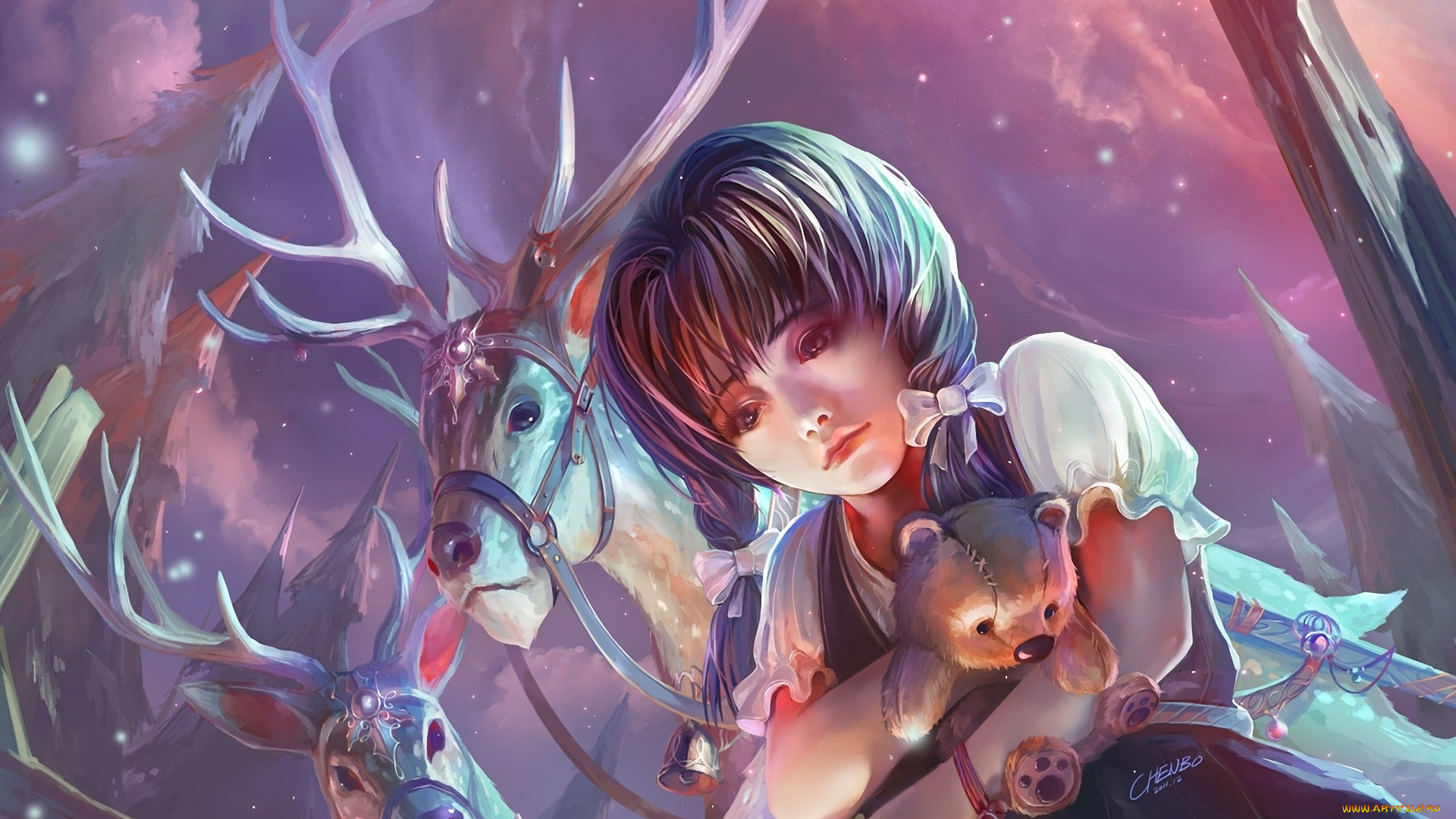 фэнтези, девушки, олени, девочка, chen, bo