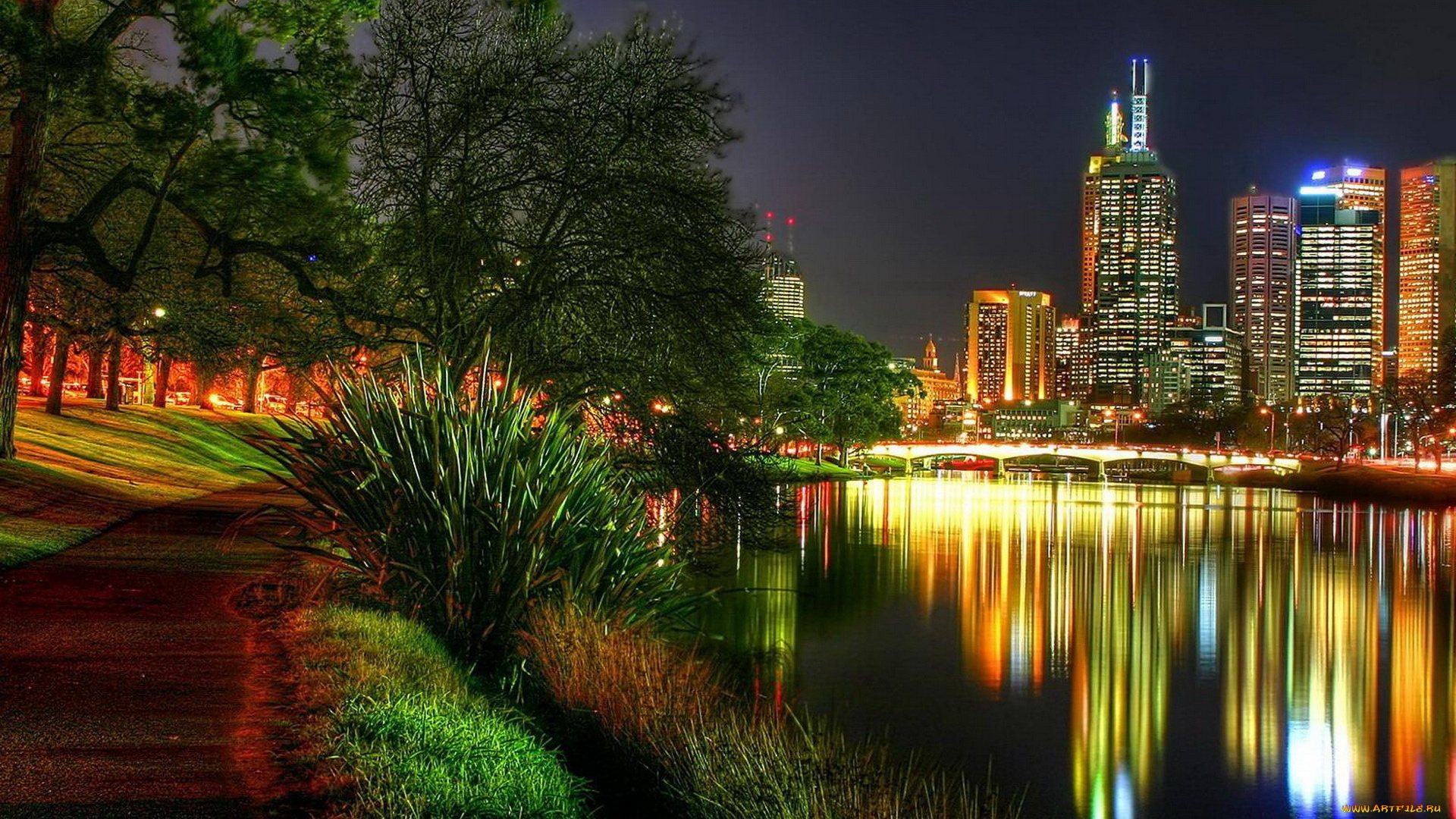 города, огни, ночного, мост, здания, река