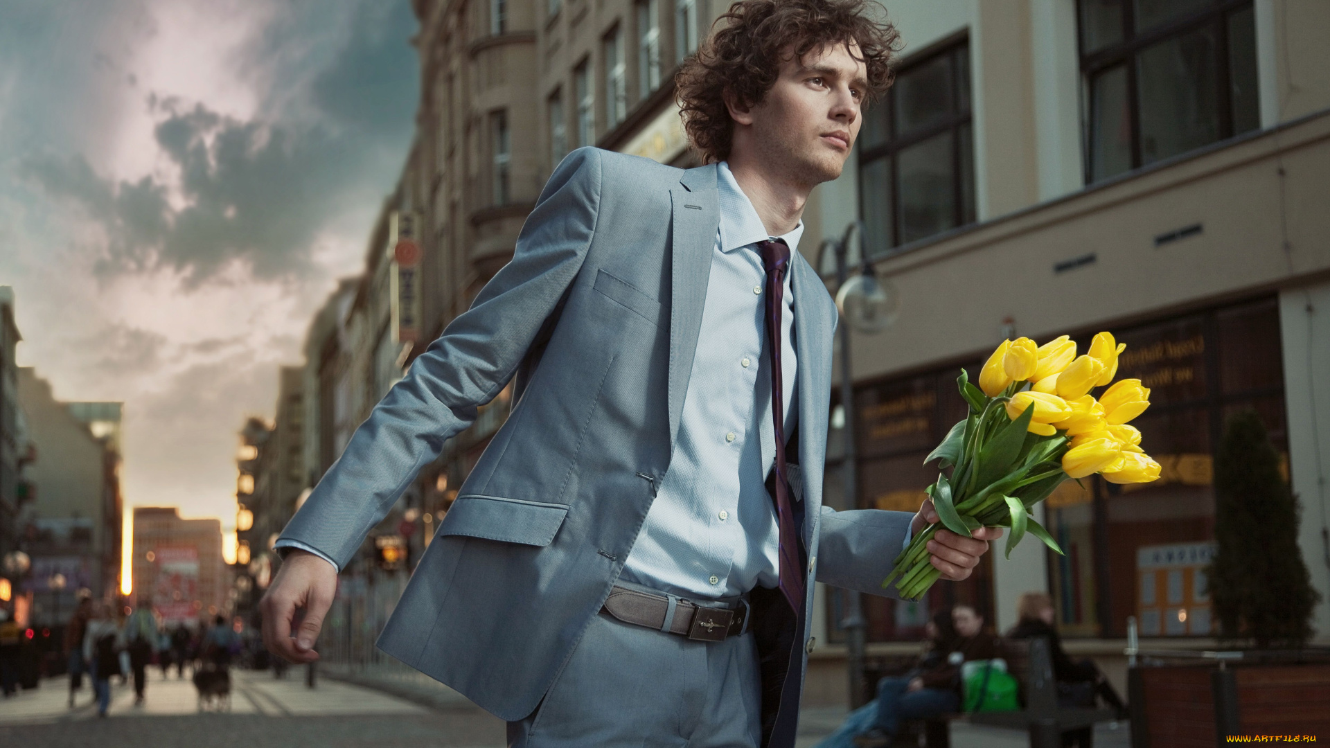 мужчины, unsort, костюм, тюльпаны, город