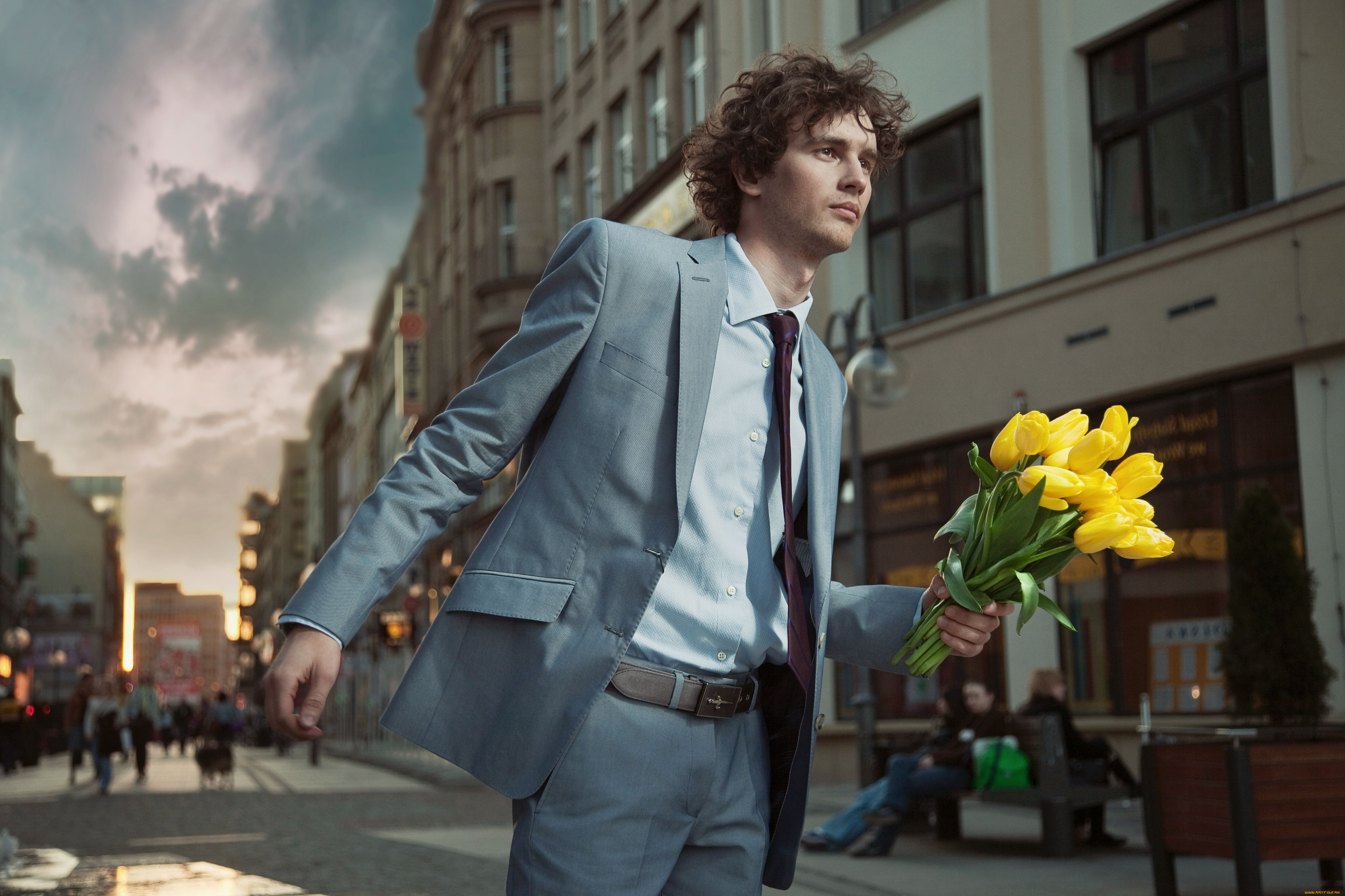 мужчины, unsort, костюм, тюльпаны, город