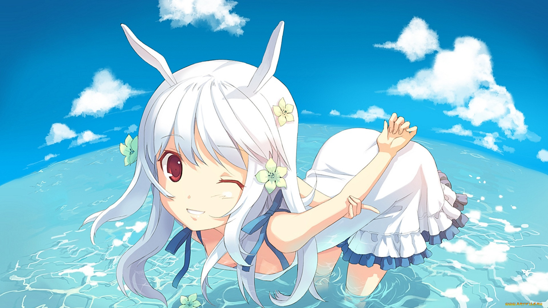 аниме, animals, девушка, море, ушки, облака, цветы, платье