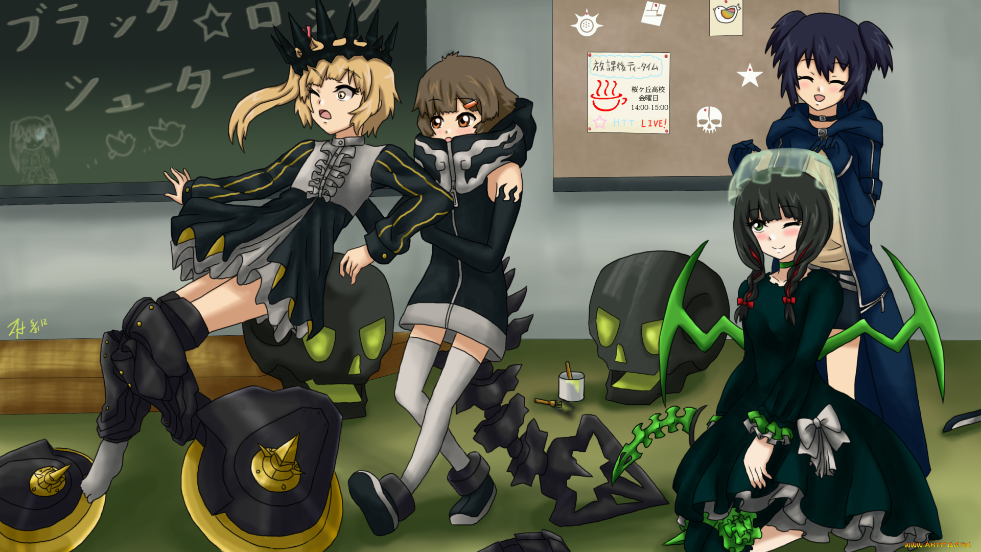 аниме, black, rock, shooter, девочки, веселье, школа, череп, yuu, kuroi, mato, takanashi, yomi, izuriha, kagari