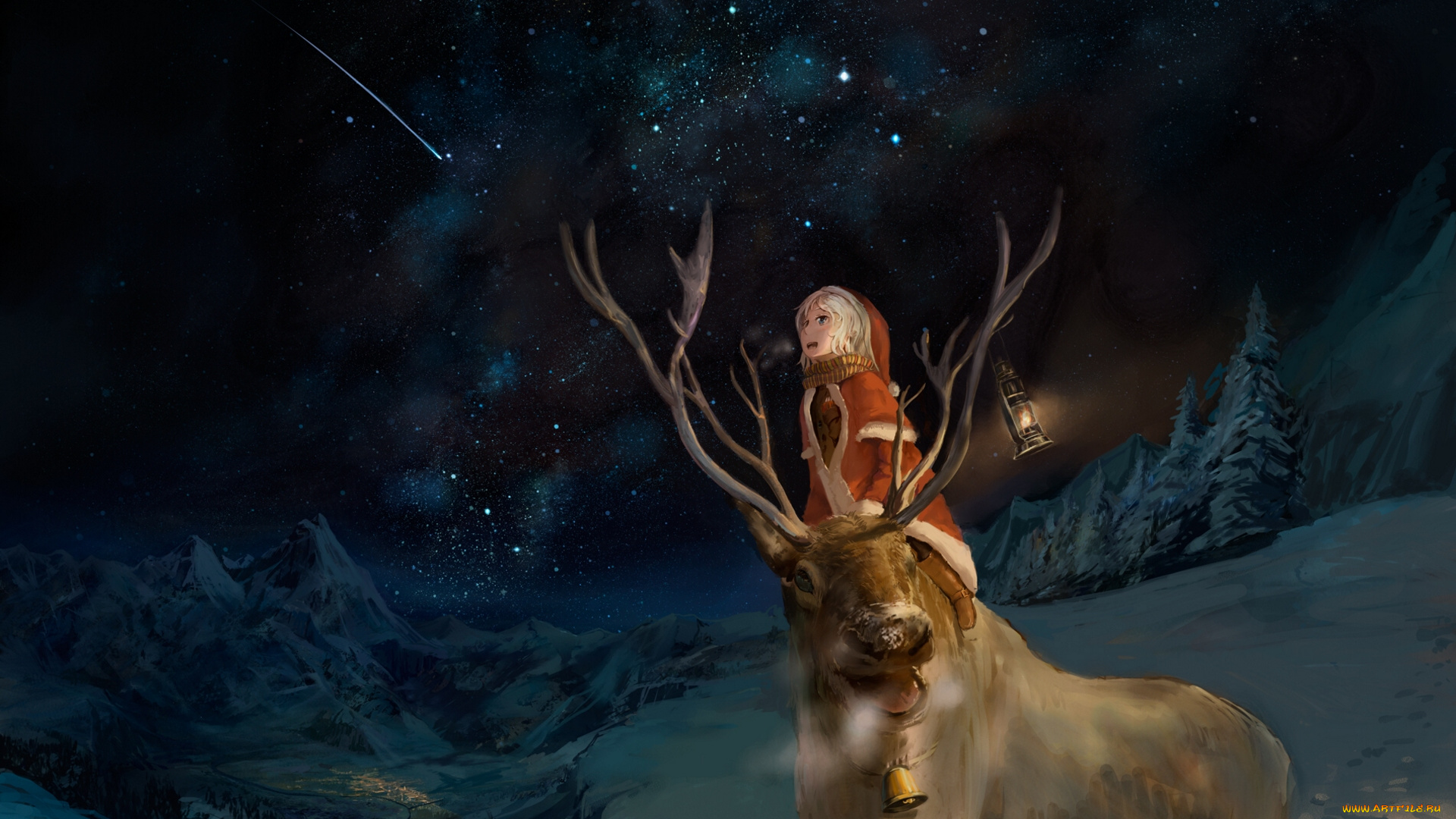 аниме, merry, chrismas, winter, девочка, олень, зима