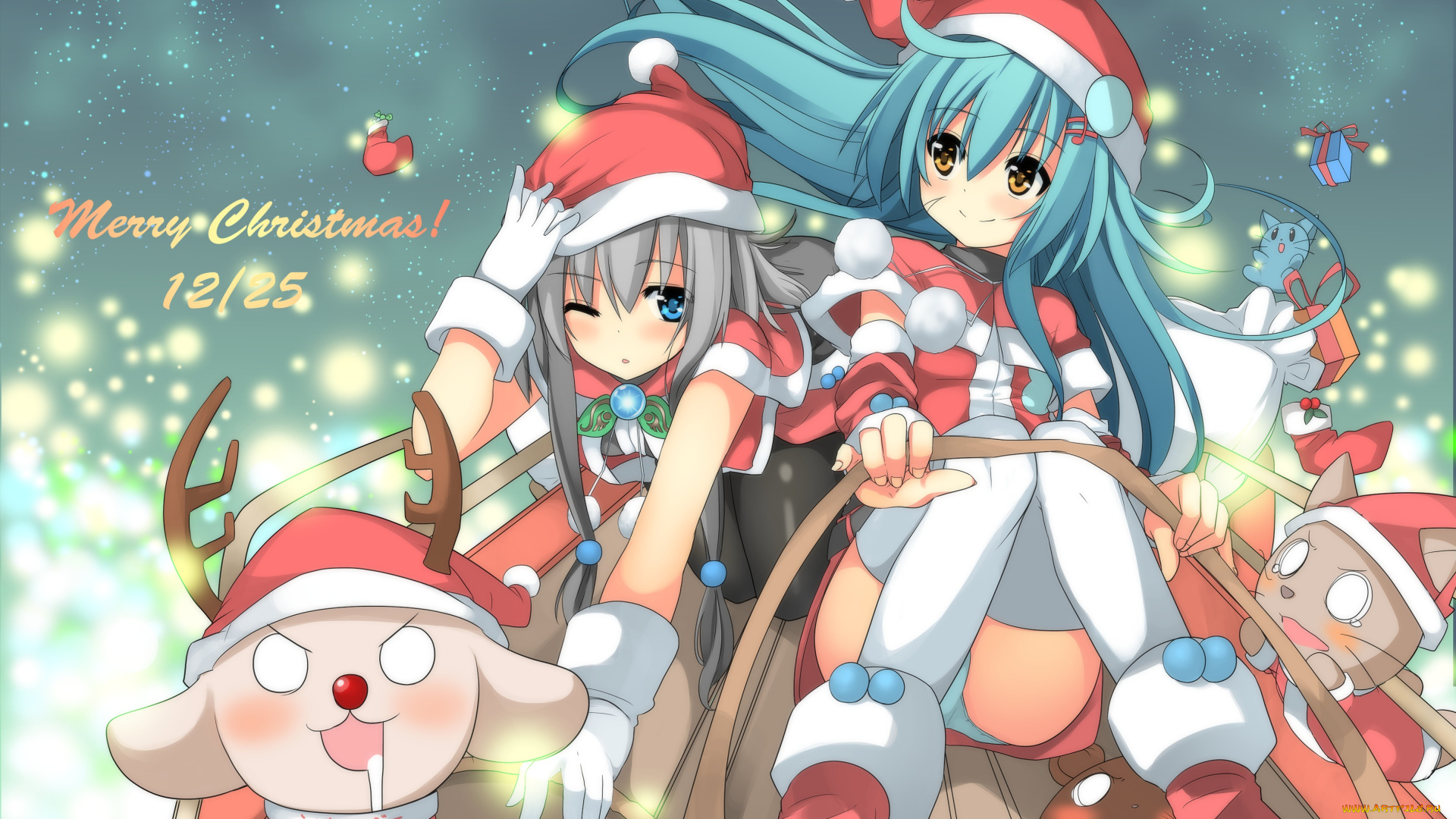 аниме, merry, chrismas, winter, девочки