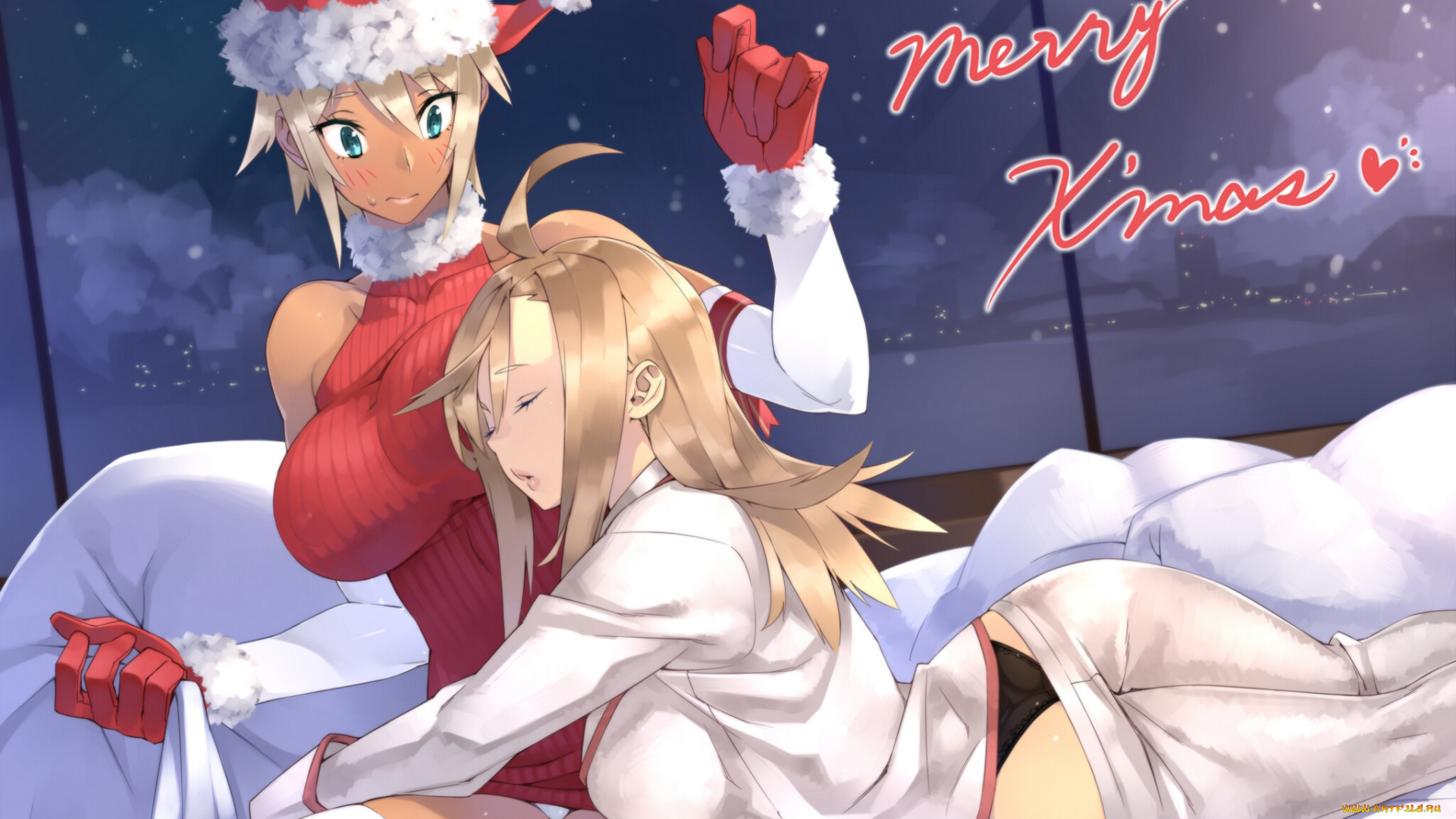 аниме, merry, chrismas, winter, девочки, костюм, окно, ночь, real, xxiii's, ahoge, girl, real, xxiii's, dark, skinned, girl, кровать, шапка, мешок, подарки, свитер, снег