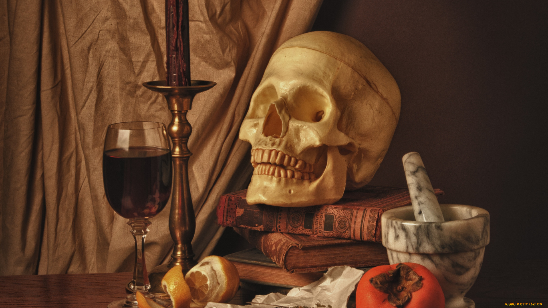разное, кости, рентген, череп, бокал, свеча, хурма, натюрморт