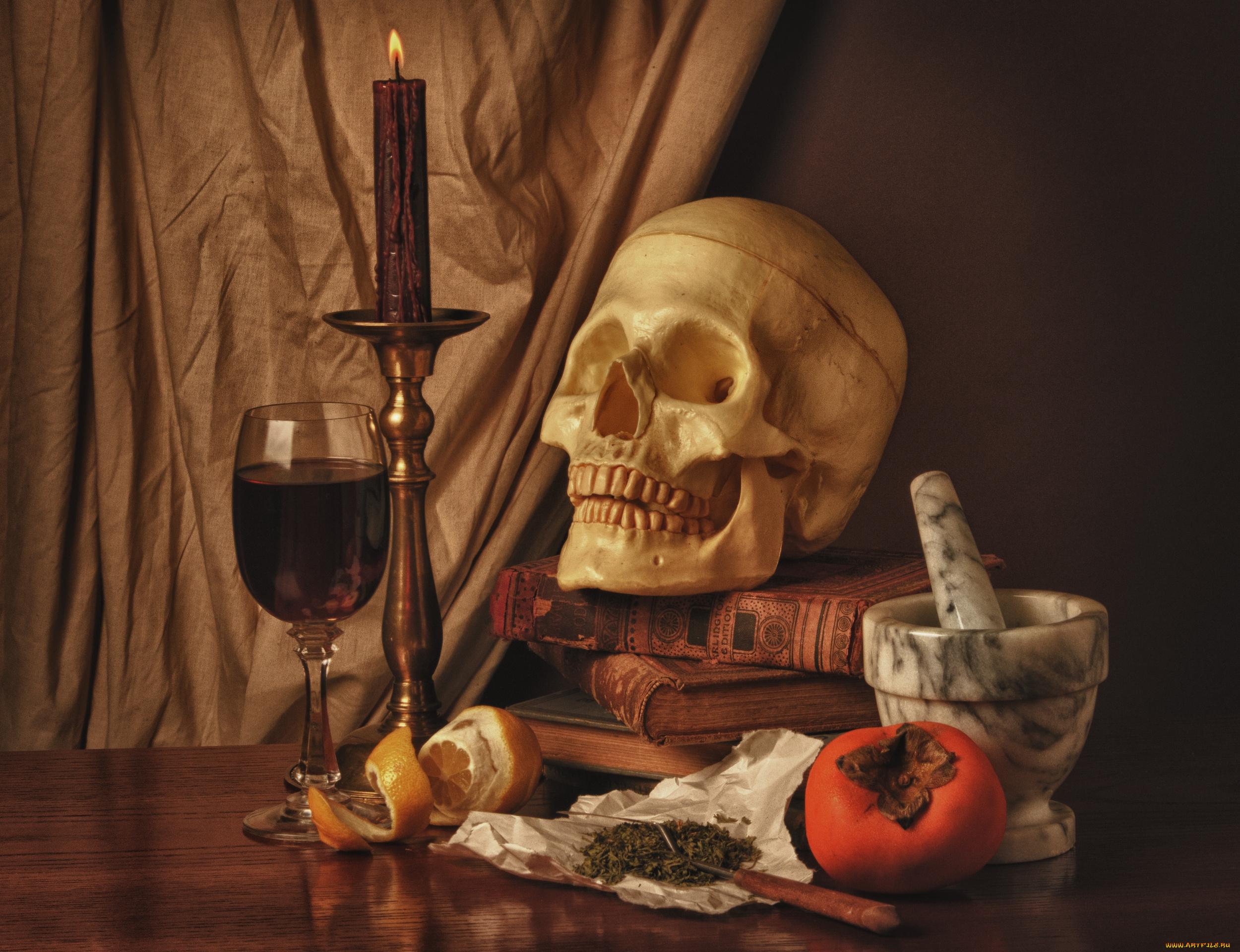 разное, кости, рентген, череп, бокал, свеча, хурма, натюрморт