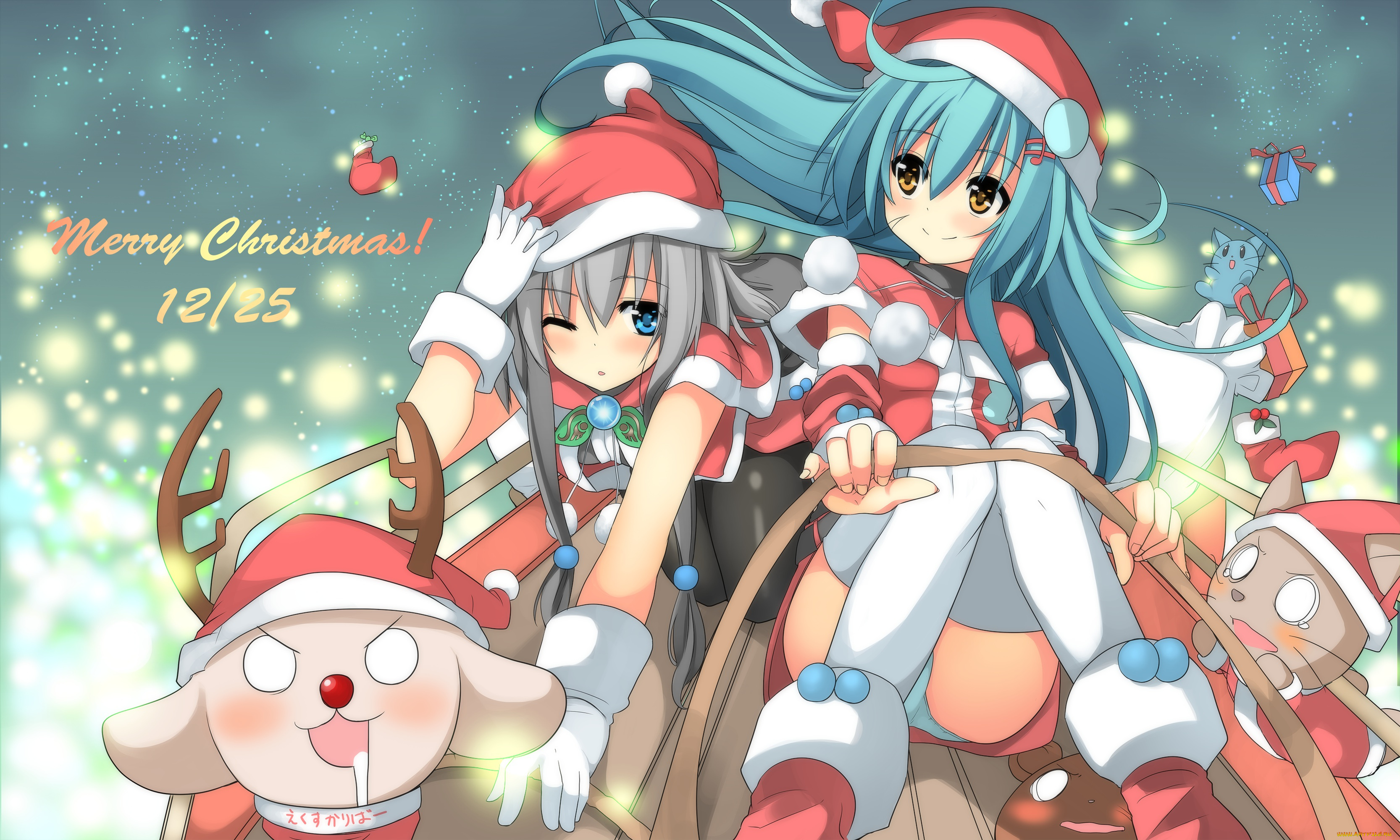 аниме, merry, chrismas, winter, девочки