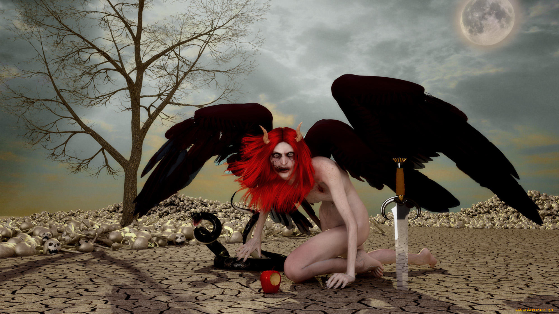 3д, графика, creatures, , существа, демон, луна, змея, рога, меч, крылья