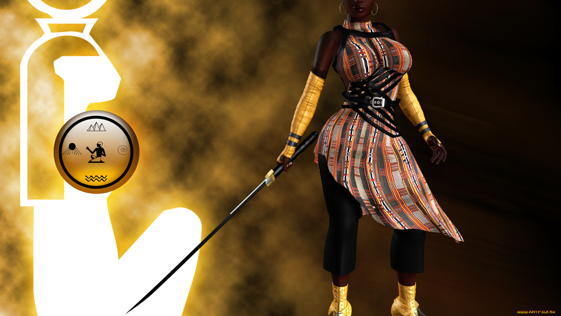 3д, графика, fantasy, , фантазия, меч, символ, девушка, ханаан