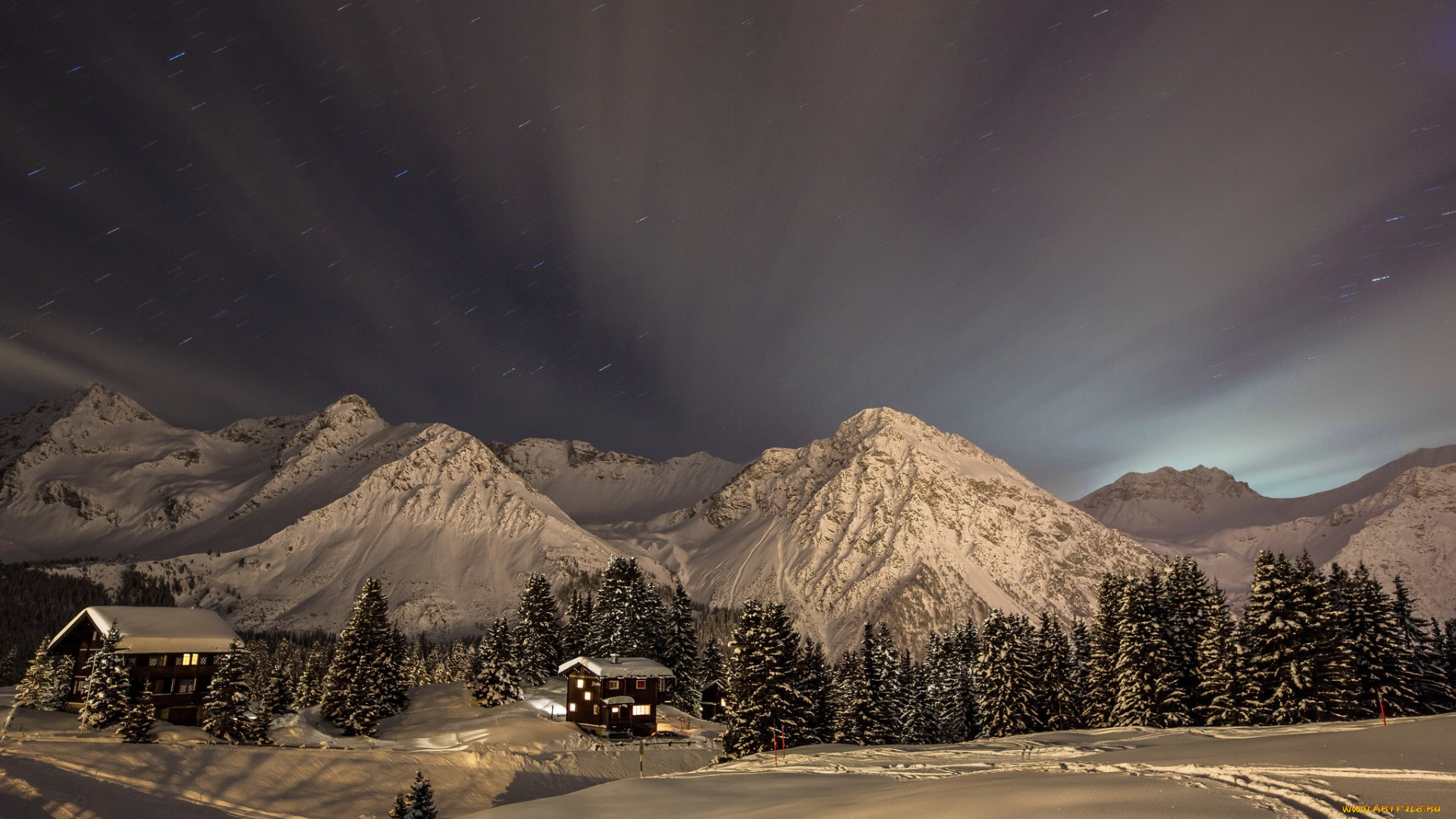 природа, зима, лучи, ночь, небо, горы, звезды