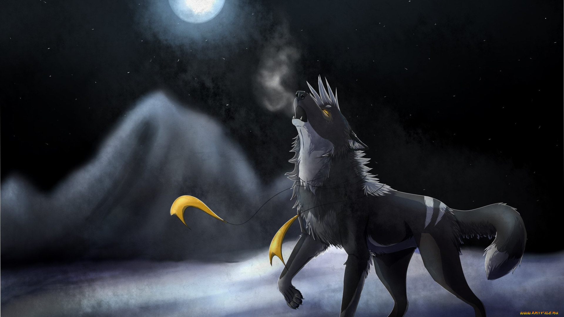 рисованные, животные, , сказочные, , мифические, волк, луна, ночь, вой