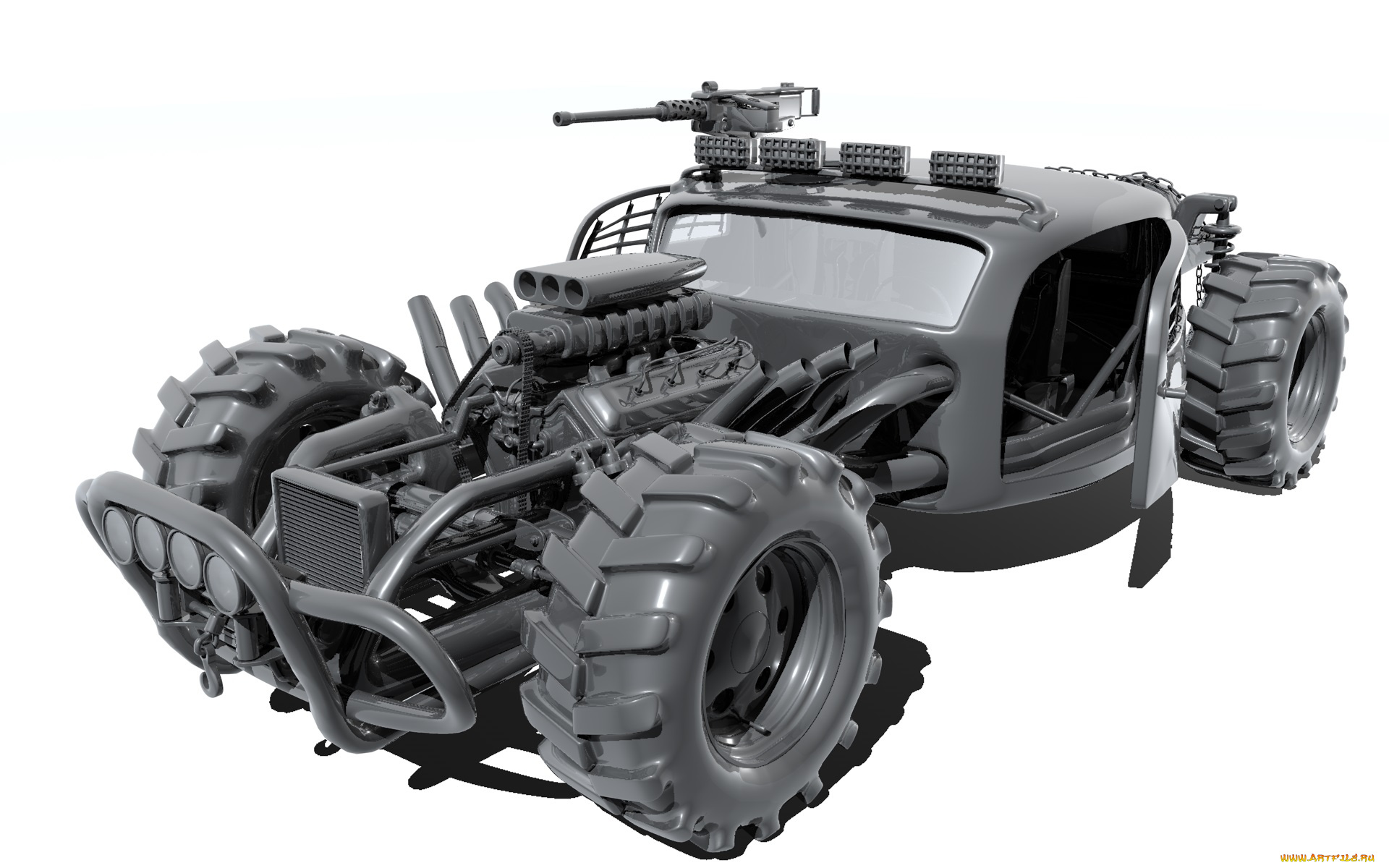 3д, графика, modeling, , моделирование, колеса, рама, пулемет