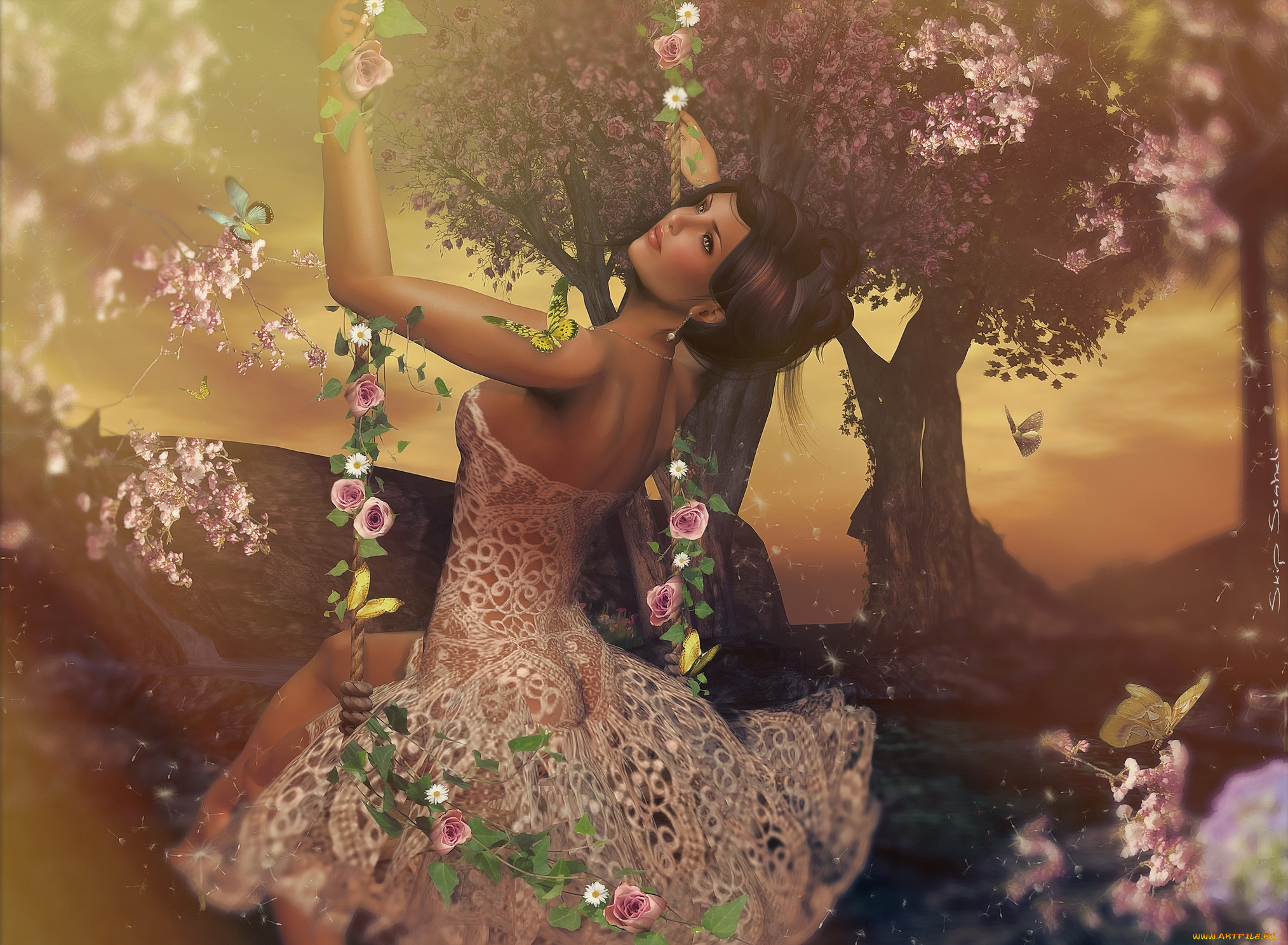 3д, графика, people, , люди, цветы, платье