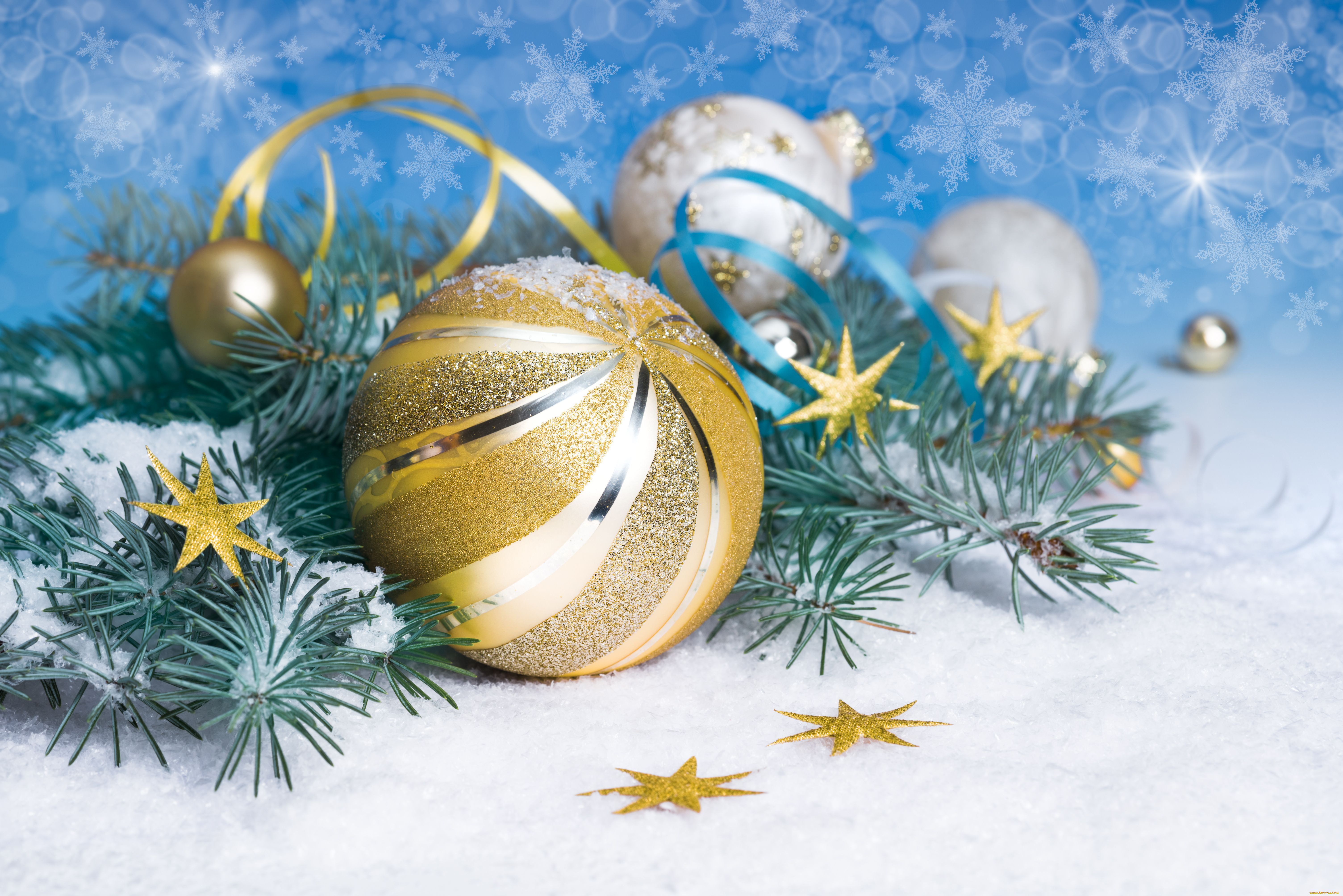 праздничные, шарики, снег, ветка
