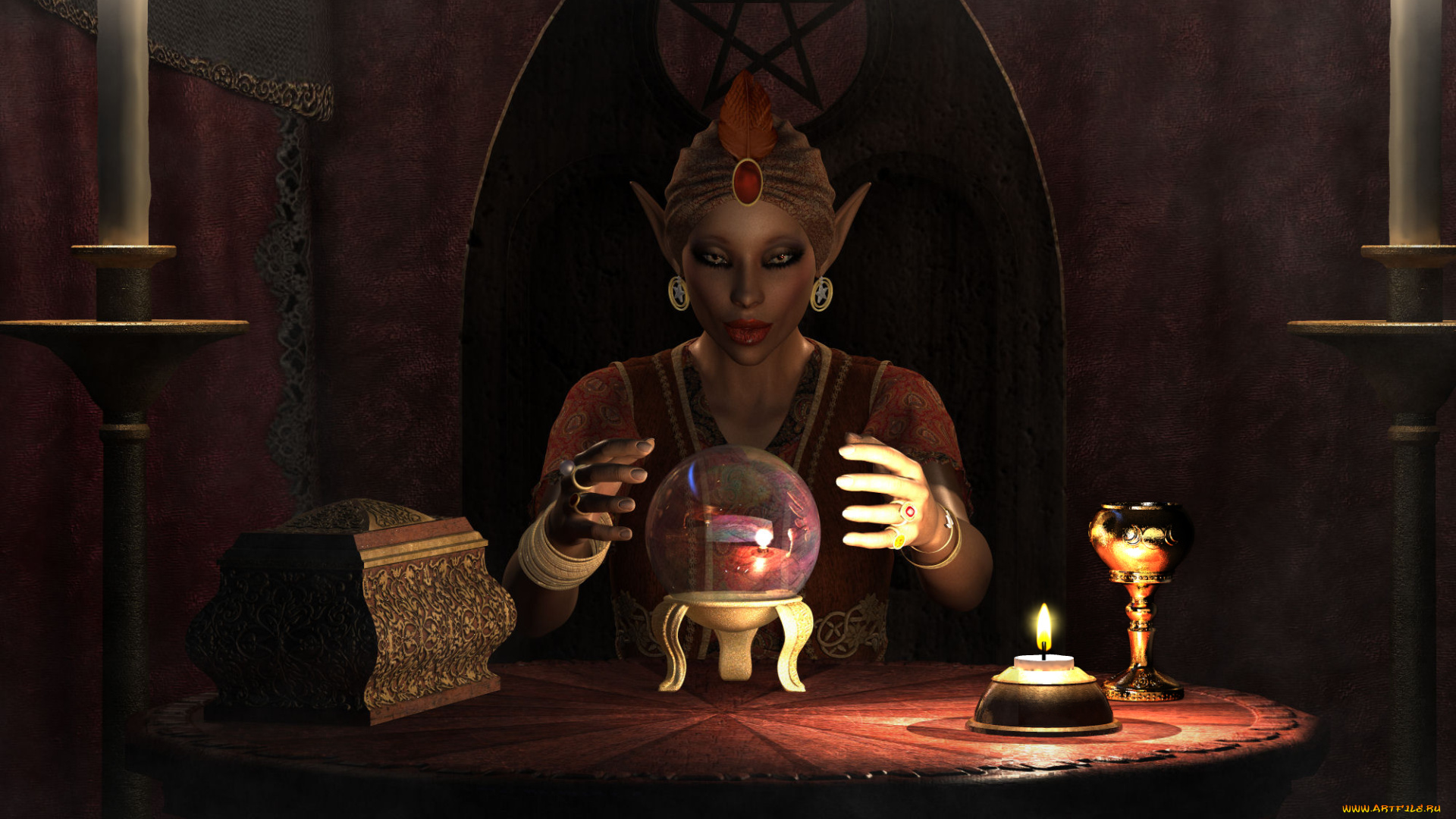 3д, графика, эльфы, , elves, взгляд, эльфийка, магия, свеча, фон