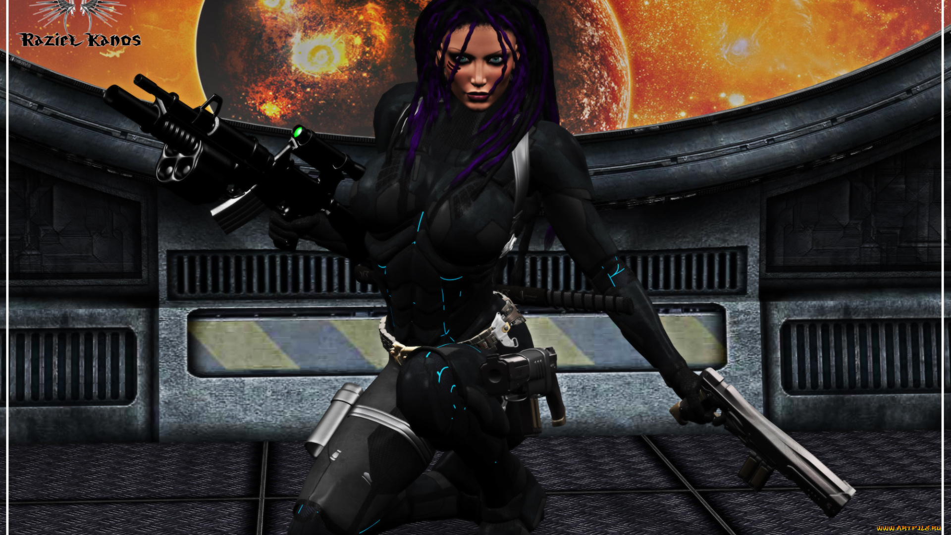 3д, графика, фантазия, , fantasy, взгляд, планеты, фон, оружие, девушка