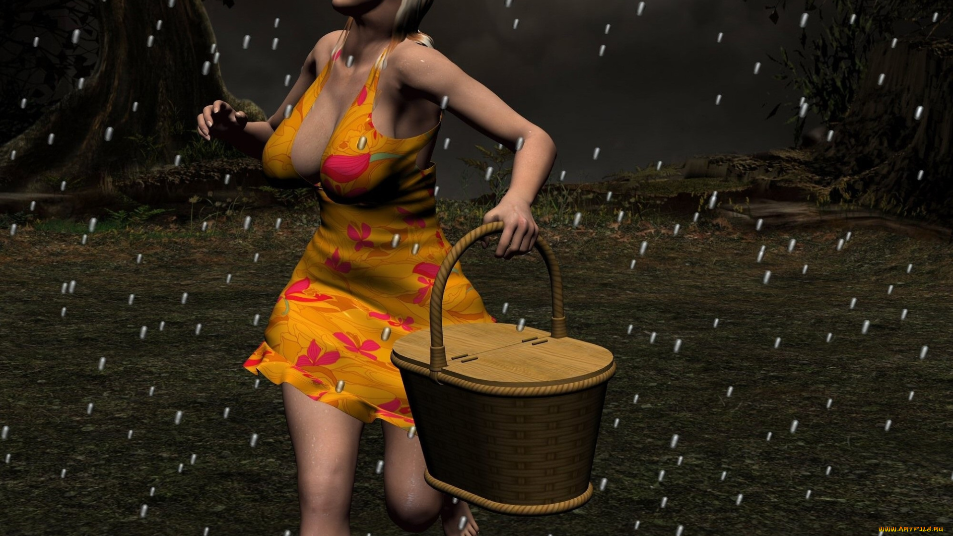 3д, графика, люди, , people, дождь, корзина, фон, взгляд, девушка