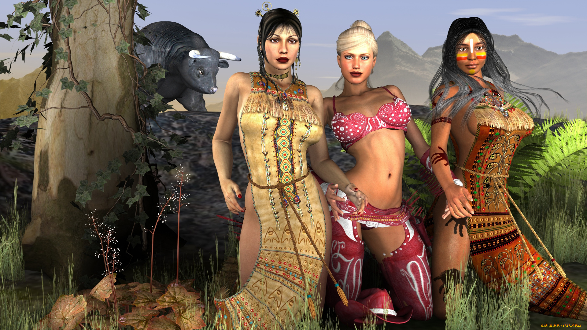 3д, графика, люди, , people, фон, девушки, взгляд, холмы, бык, растение